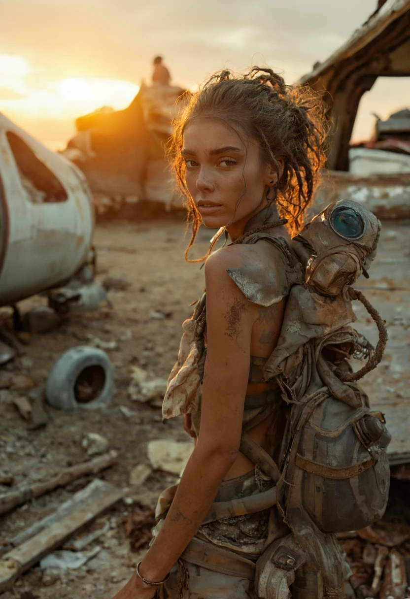 In a 0y5top1a8e desert settlement built from the wreckage of old aircraft, a beautiful woman with dirt-streaked skin stands at the entrance, her eyes scanning the horizon for threats. Her clothes are a mix of scavenged fabric and metal plates, offering little protection from the harsh sun. The cool light bloom from a distant, setting sun casts a golden hue over the settlement, highlighting the rust and decay. A gas mask hangs from her belt, its lenses cracked, while a weapon, crafted from aircraft parts, is strapped to her back, ready to defend her home from the dangers lurking beyond.