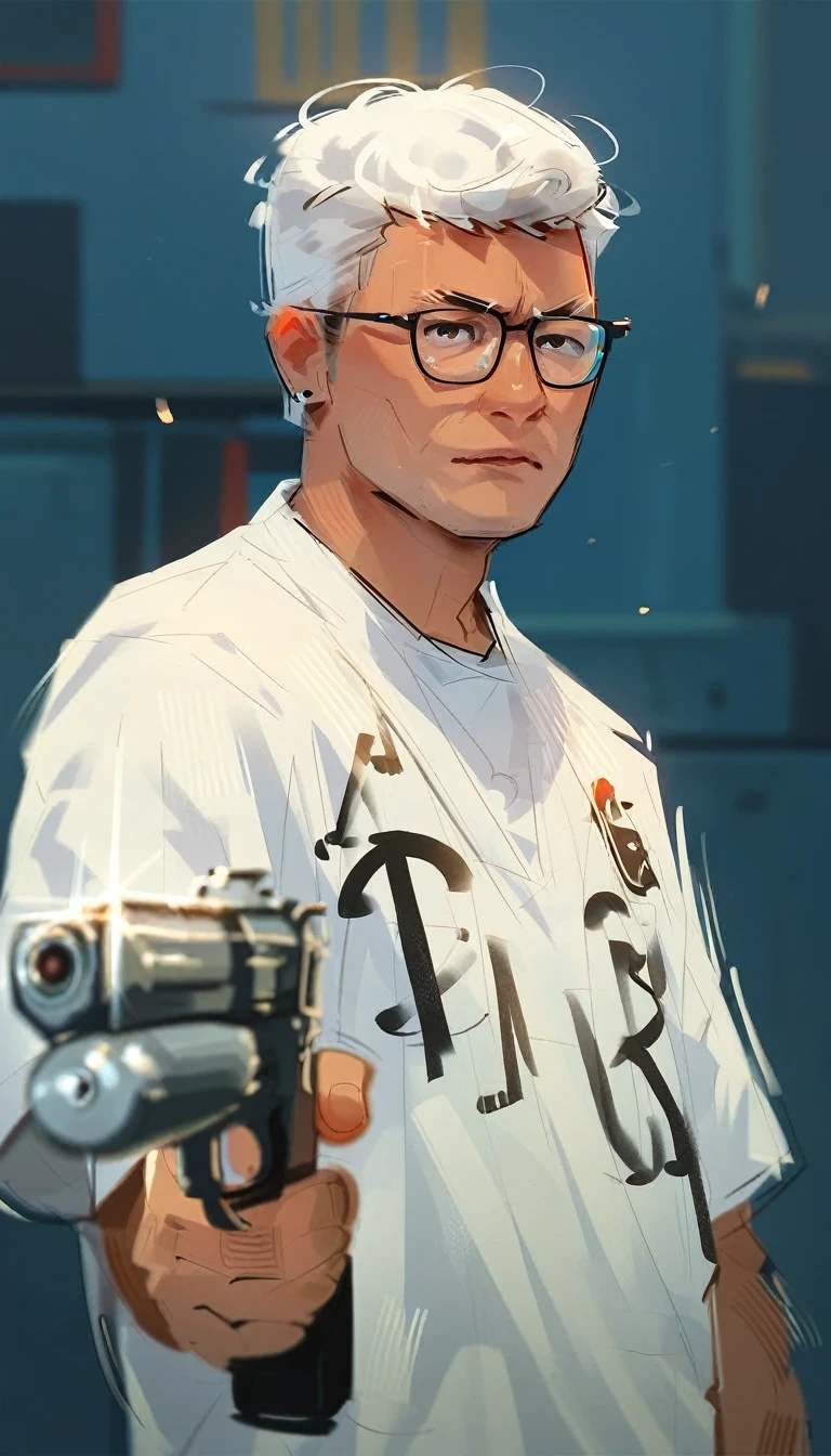 score_9, score_8_up, score_7_up, score_6_up,a man with glasses holding a gun in front of him while wearing a shirt , 1boy, male focus, gun, weapon, solo, shirt, white hair, glasses, holding gun, holding weapon, holding, white shirt