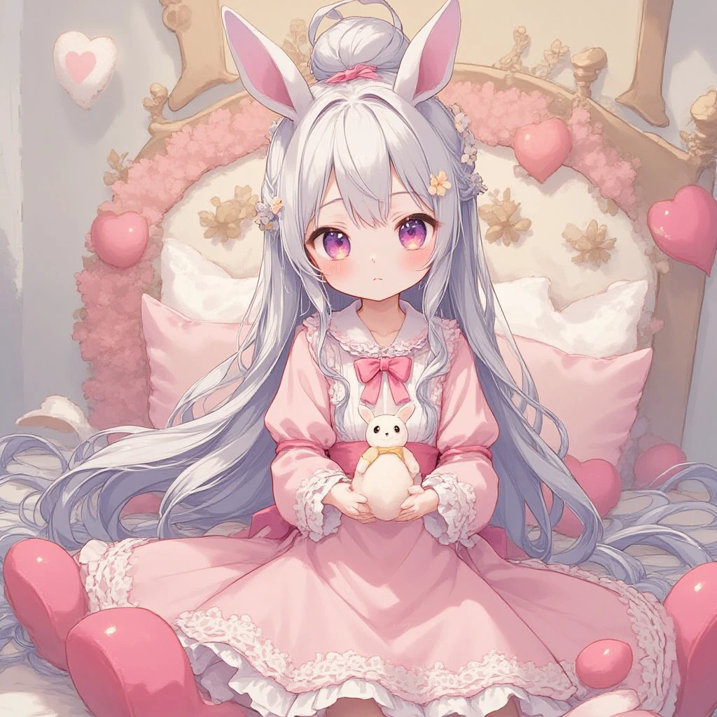 woman in a pink dress holding a stuffed animal in her hands and a stuffed bunny in her lap, long_hair, looking_at_viewer, blush, bangs, hair_ornament, long_sleeves, dress, bow, holding, animal_ears, hair_between_eyes, sitting, very_long_hair, closed_mouth, purple_eyes, tail, white_hair, hair_bow, grey_hair, heart, sidelocks, frills, day, indoors, bowtie, pink_eyes, hair_bun, rabbit_ears, mole, two_side_up, animal_ear_fluff, sleeves_past_wrists, pillow, frilled_pillow, heart_pillow, lace-trimmed_dress, picture_(object), cactus, Gouache