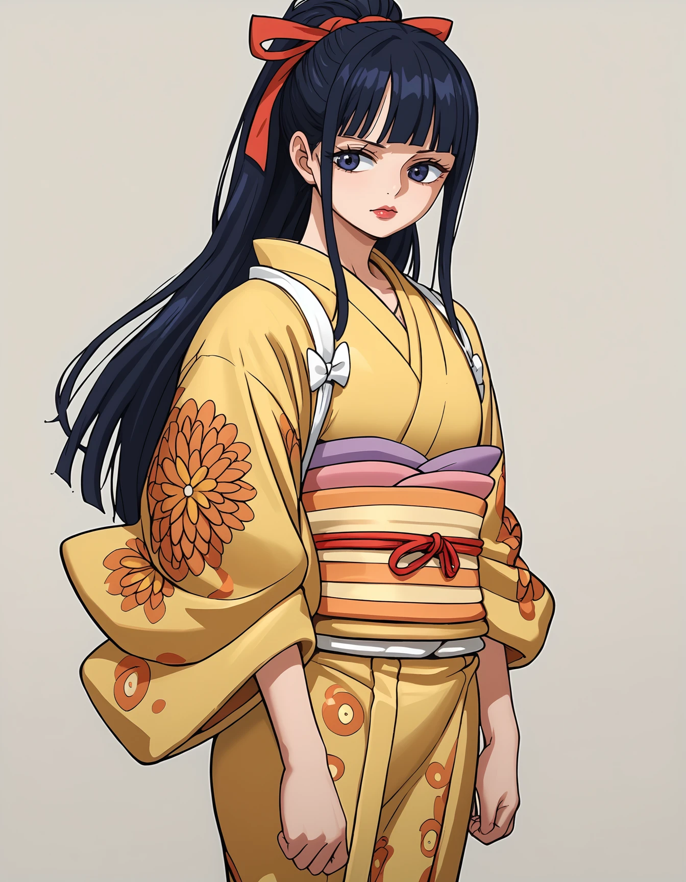 <lora:Okiku:1>,kikunojo, 1girl, solo, yellow kimono, simple background,  cowboy shot,, score_9