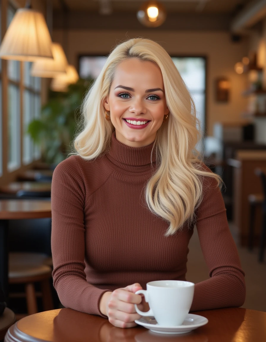 <lora:Elsa_Jean_Flux:1> realistic photo of  elsajean,  blonde,  makeup, wearing a turtleneck sweater dress, sitting in a cafe having a coffee, smiling, looking at viewer.