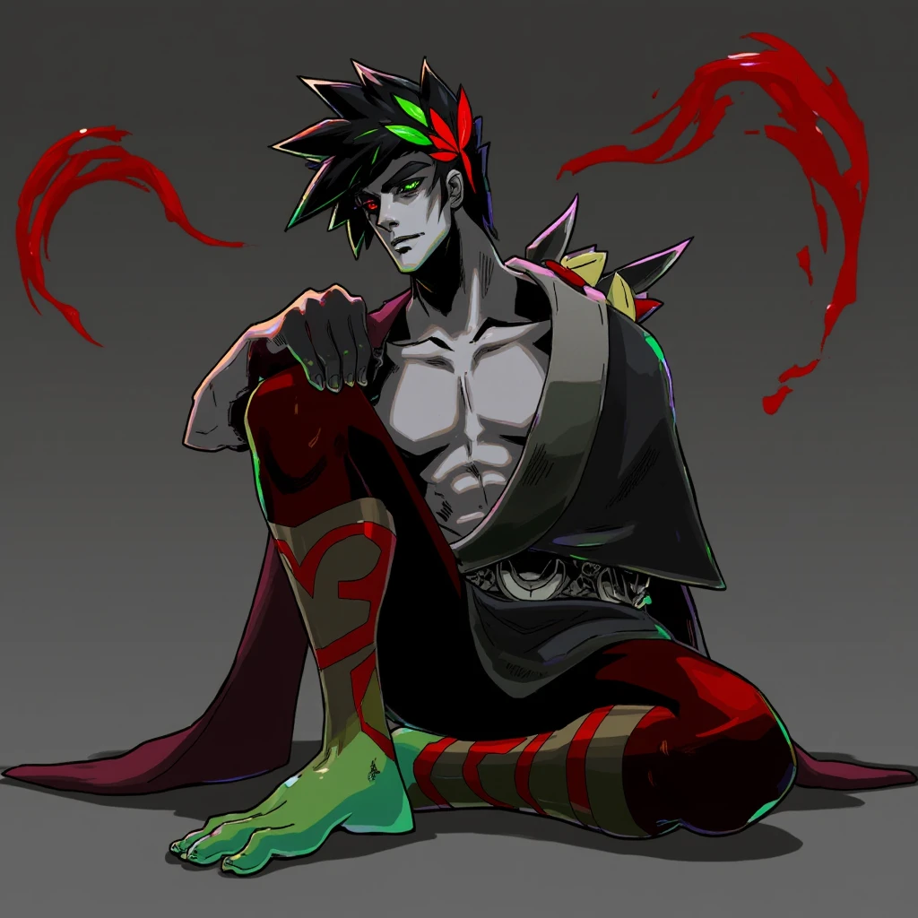 <lora:ZagreusFlux:1>Zagreus Hades, Sitting with legs extended out in front and hands on the ground behind, , His eyes are strikingly different colors; his left eye is a vibrant green, while the right eye is a deep red