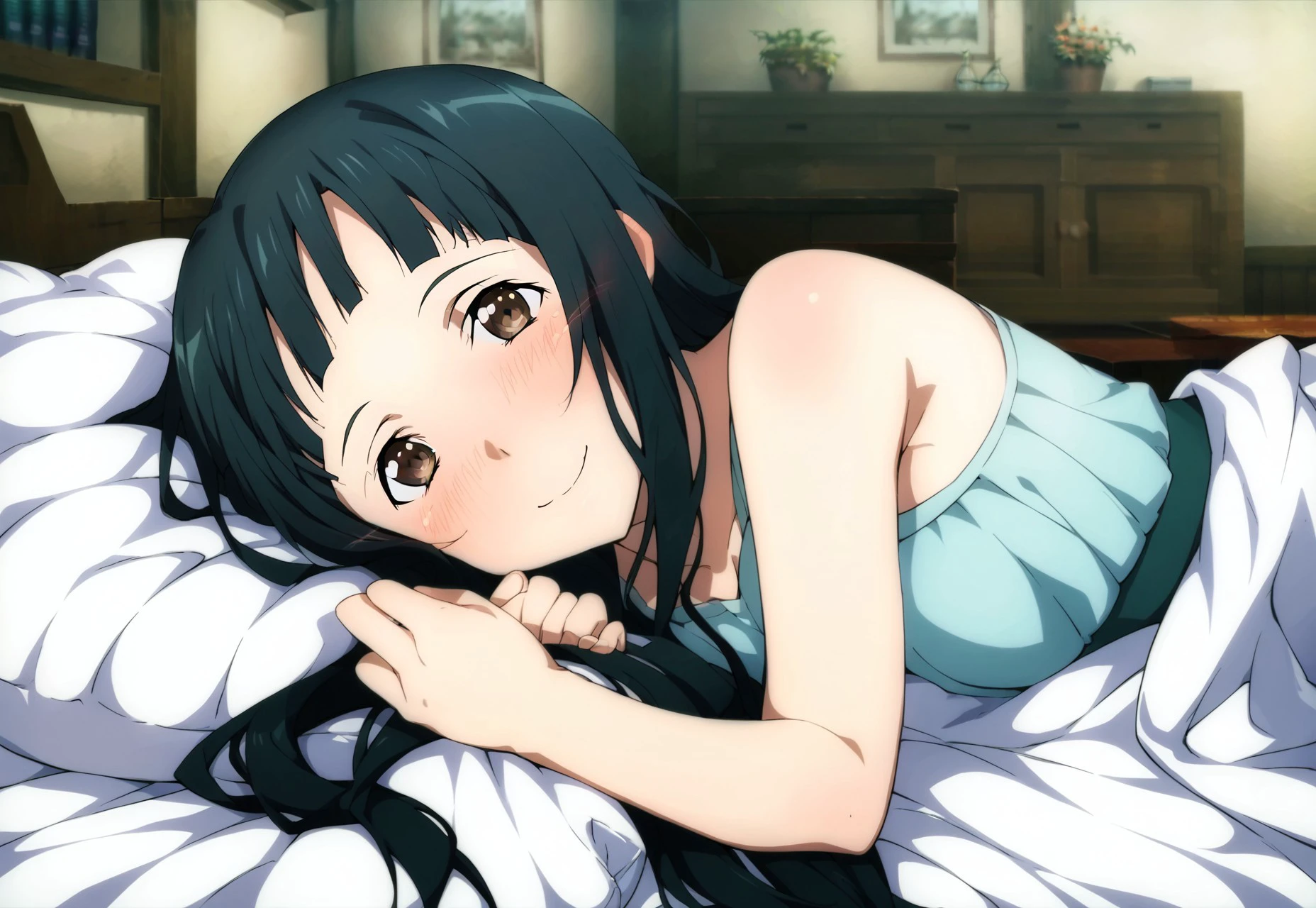  score_9, score_8_up, score_7_up, source_anime, yui (sao), pov across bed, blush, smile