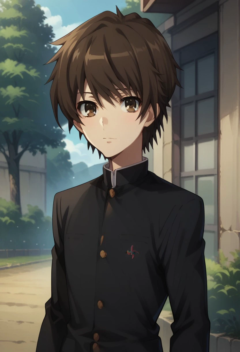 score_9, score_8_up, score_7_up, source_anime, highly detailed, 
koichi, 1boy, solo, male focus, school uniform, gakuran, brown hair, brown eyes, upper body, standing, 
looking at viewer 
outdoor, sky, tree