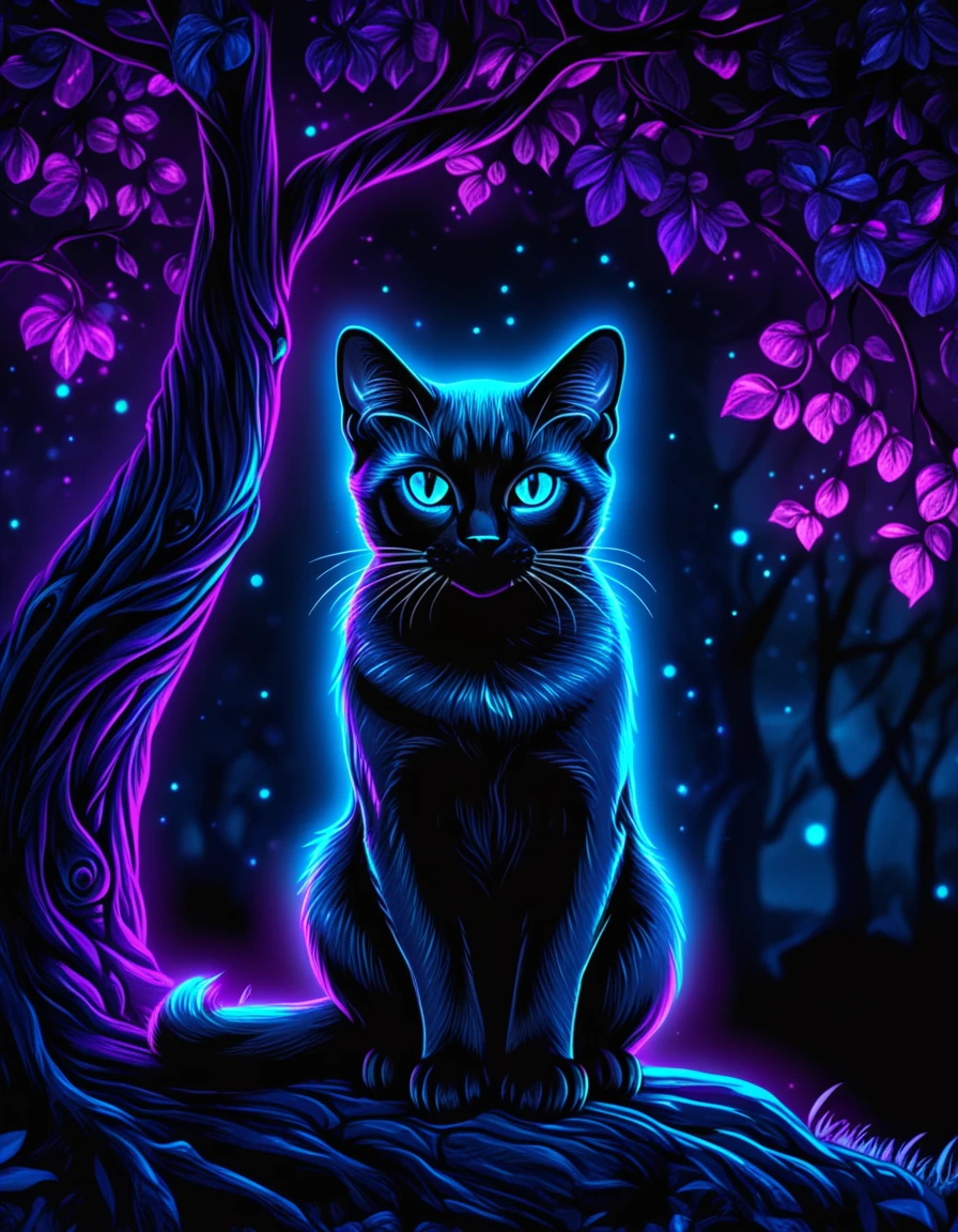 novuschroma80 style siamese cat sitting by a tree  blacklight art <lora:novuschroma80 style:1>