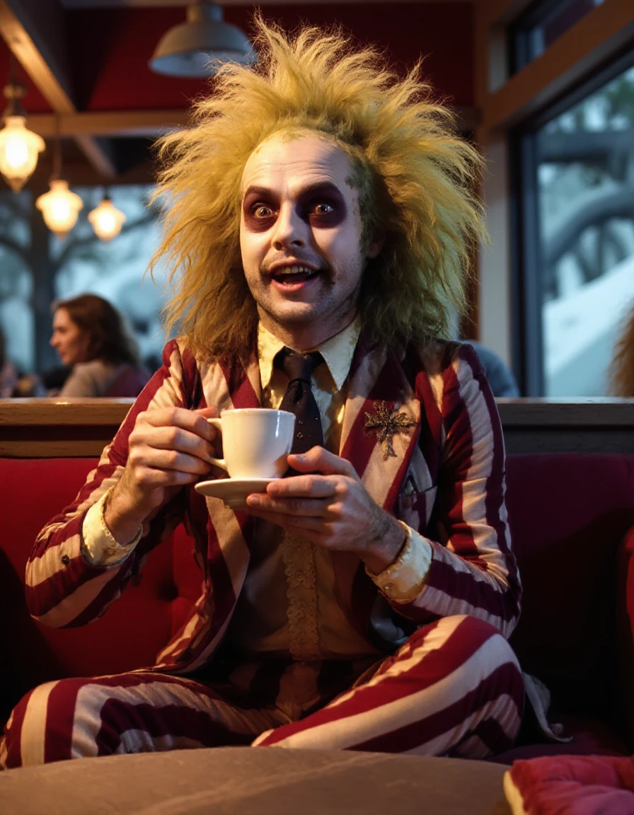 Beetlejuice sipping coffee at a modern café, photorealistic, chaotic hair, striped suit, quirky background, humorous twist, vivid colors, inspired by 80s aesthetics, ultra-detailed.