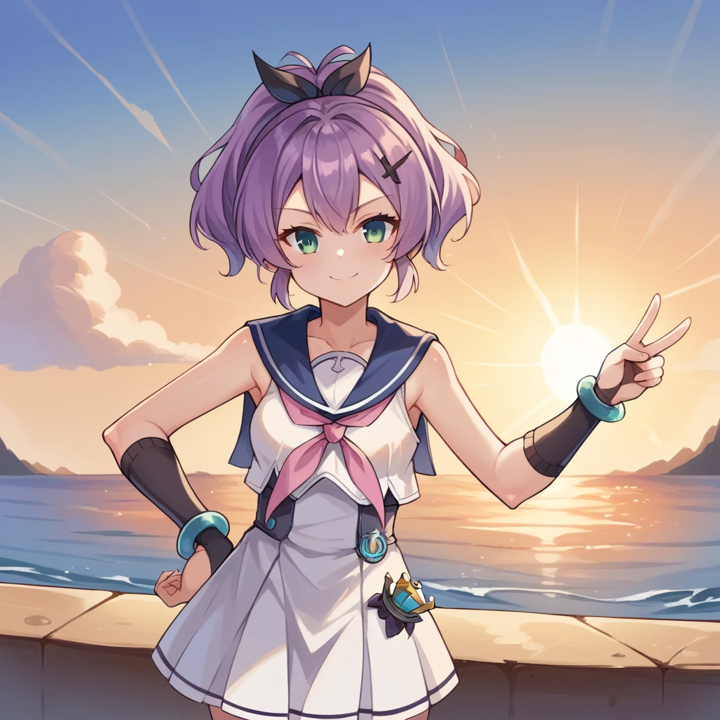 score_9_up, score_8_up, score_7_up, source_anime, masterpiece, best quality, 1girl, solo, Javel_Azur, Jav_Refit, sun light, sea, port, standing, looking at you, peace sign, confident smile, hand on hip, upper body, face focus, javelin (azur lane), purple hair, green eyes, ponytail, mini crown, hairclip, sleeveless dress, white dress, pink neckerchief, blue sailor collar, black bridal gauntlets, bracelet, black ribbon, white thighhighs, pleated skirt, dynamic cowboy shot, outdoors, sky clouds background