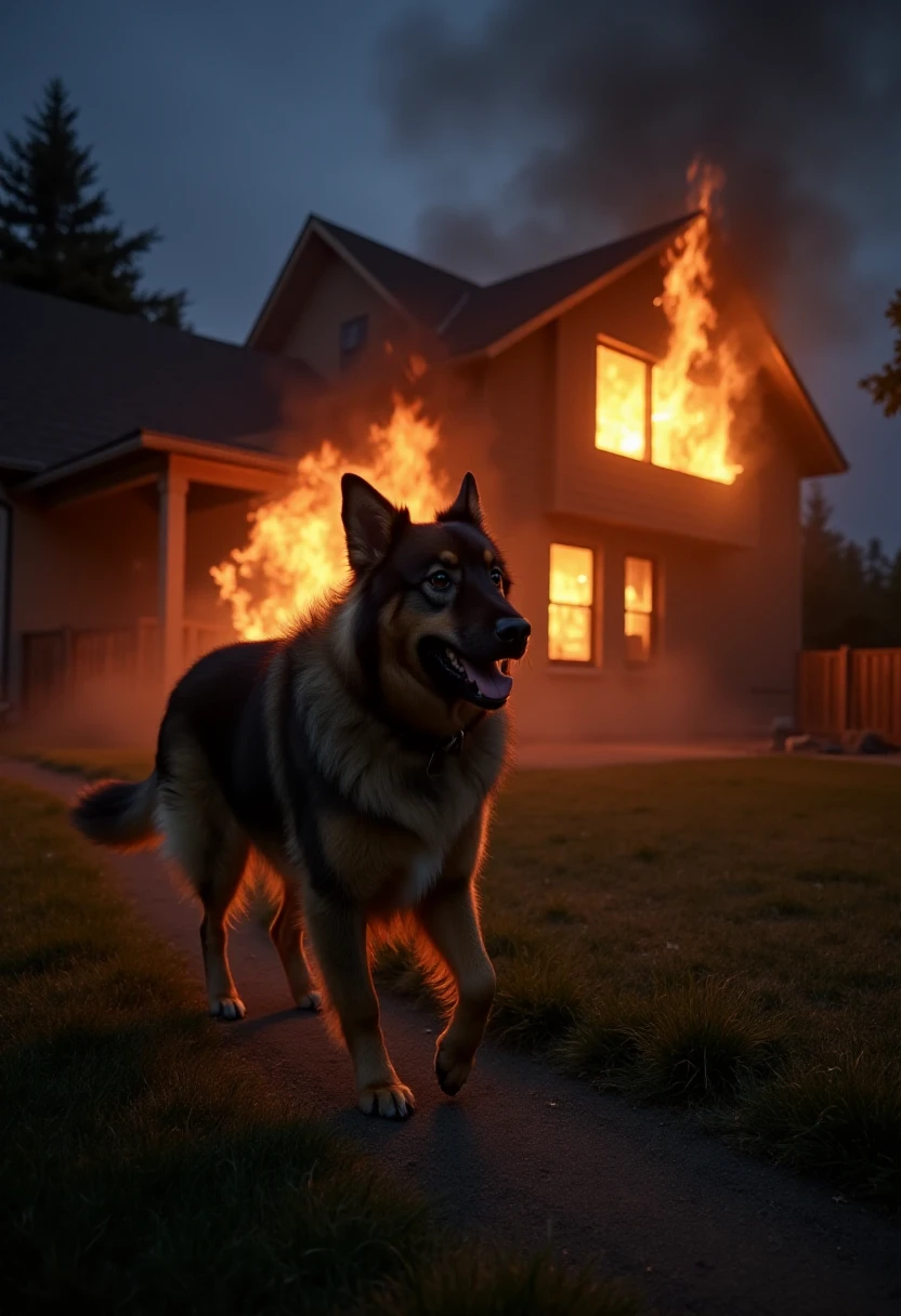 liathedog looking smug walking away from a burning house at night <lora:Lia_-_My_Dog_F1D_r1:1.5>