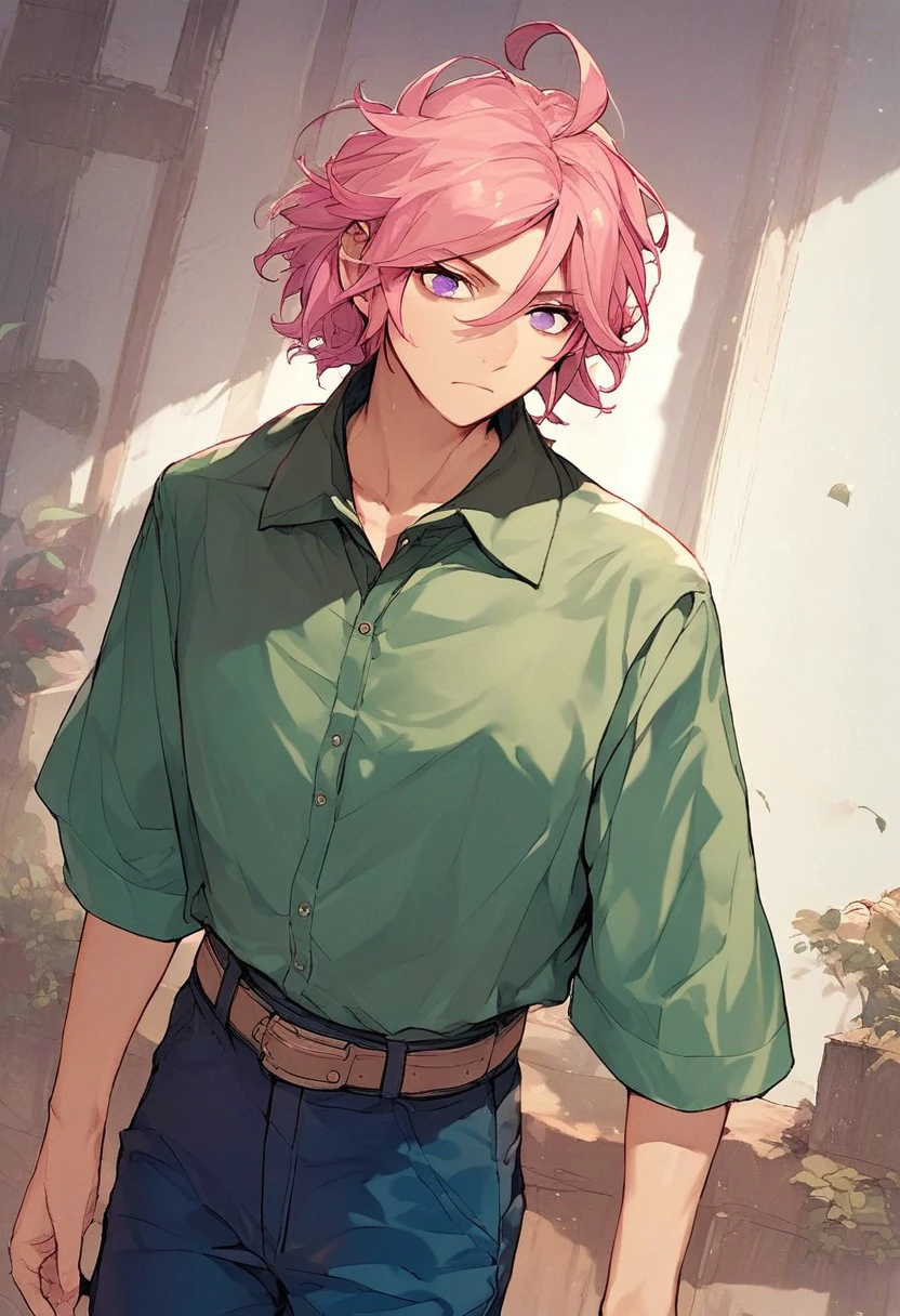 score_9, score_8_up, score_7_up, score_6_up, source_anime, solo,
---------------------
kohaku_oukawaXVI, pink hair, short hair, hair between eyes, ahoge, purple eyes
---------------------
green shirt, collared shirt, black undershirt, brown belt, blue pants