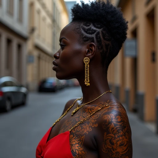 dark skin female, undercut hairstyle, khokloma print on black skin, khokloma print tattoo on skin,city alley,outdoors, intricate details, professional photography