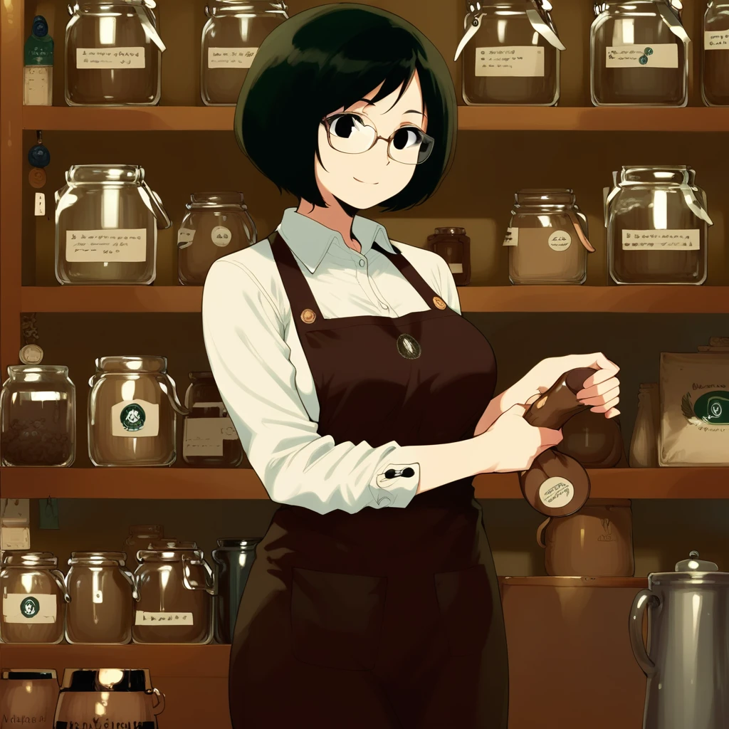 B4rista, glasses, 1girl, short hair, apron, looking at viewer, black hair, smile, black eyes, shelf, bottle, collared shirt, jar, white shirt, breasts, indoors