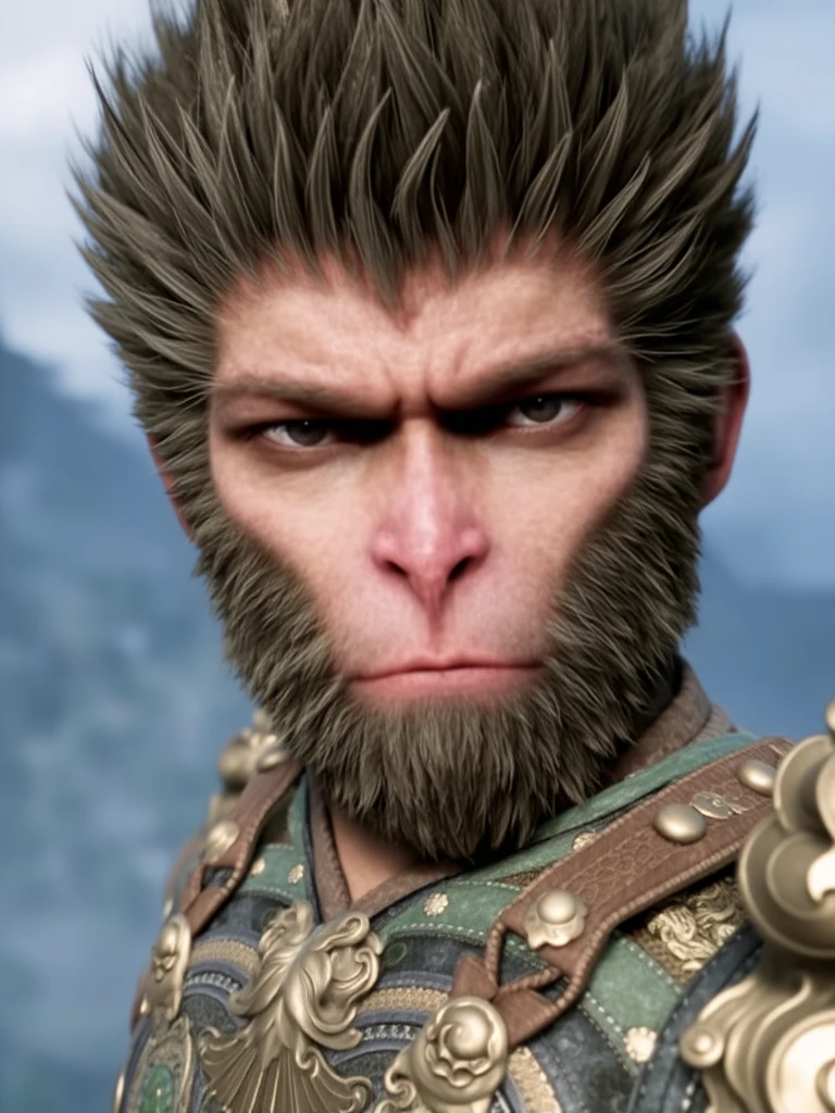 wukong, This is a highly detailed CGI image depicting a close-up of a humanoid character with a monkey-like face. The character has a prominent, broad nose with a pinkish hue, a furrowed brow, and intense, dark eyes that convey a serious and contemplative expression. His skin is a light pinkish tone, and he has a thick, coarse mane of grayish-brown fur covering his head and neck. The fur on his face is more sparse, giving his features a rugged and wild appearance.
He is dressed in a combination of ancient and futuristic armor. The armor consists of a chest plate with intricate, gold-colored designs and green accents, suggesting a blend of Eastern and Western styles. The armor is detailed with small, metallic components, adding a futuristic touch. The background is blurred, suggesting an outdoor setting with a cloudy sky, possibly in a mountainous or forested region, enhancing the character's isolation and focus. <lora:wukong:1>