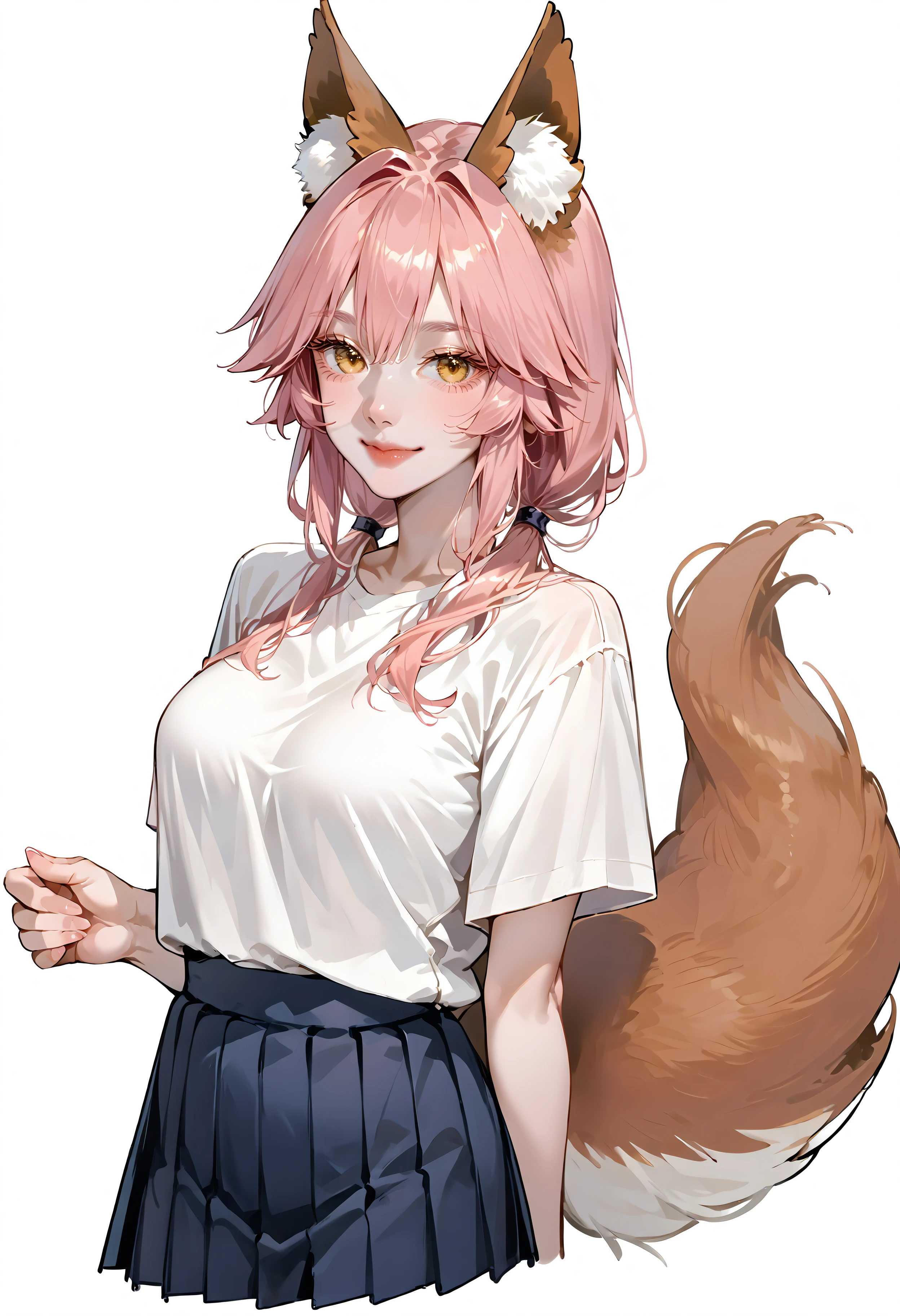 score_9, score_8_up, score_7_up, best quality, source_anime BREAK, upper body,1girl,solo,white shirt,shirt flipping out,pleated skirt,tamamo no mae \(fate/extra\),fox ears,fox tail,pink hair,yellow eyes,breasts,light smile,Fluttering tops,full body (white background), <lora:KoreanAIStyle:1>