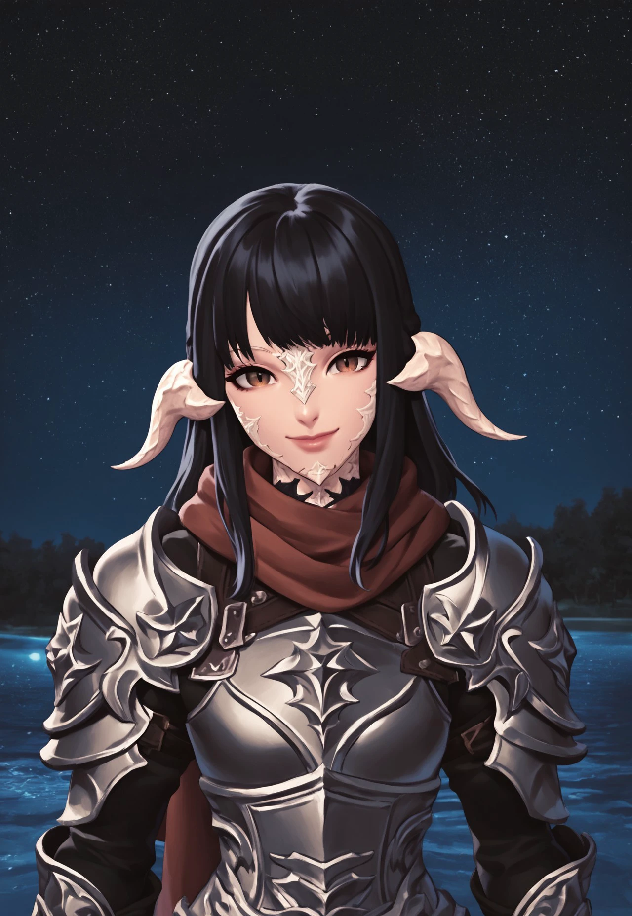 dt_xiv_style, 1girl, au ra, black hair, long hair, scales, solo, horns, armor, looking at viewer, night, scarf, dragon horns, sky, lips, water, night sky, brown eyes, pauldrons, shoulder armor, star (sky), upper body, bangs, outdoors, gauntlets, starry sky, smile, score_9, score_8_up, score_7_up, score_6_up, score_5_up, score_4_up,