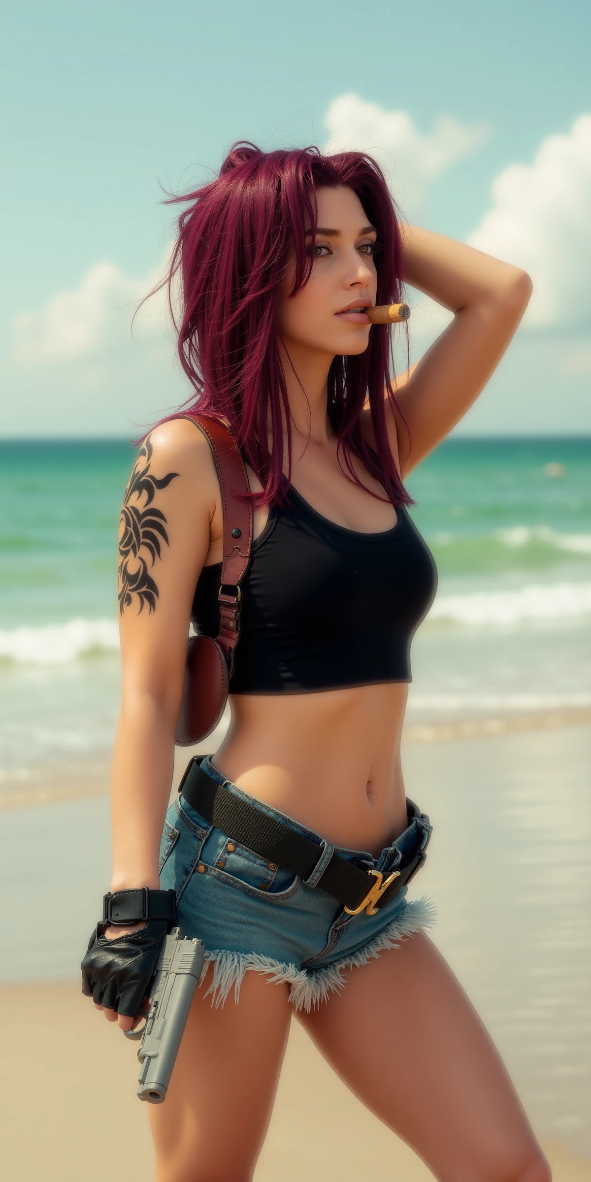 Revy, a woman with burgundy hair color, a black top, denim shorts and a gun in a holster, tattoo, army boots, cigaret, holds guns on the beach  <lora:Revy:0.8>