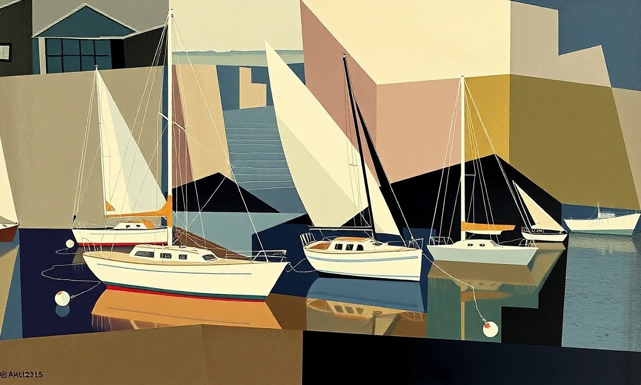 Deconstructed sailboats in a harbor art in cub1sm style,<lora:cub1sm:1>,geometric forms,flattened space,muted tones,cubism,shattered,fractured,