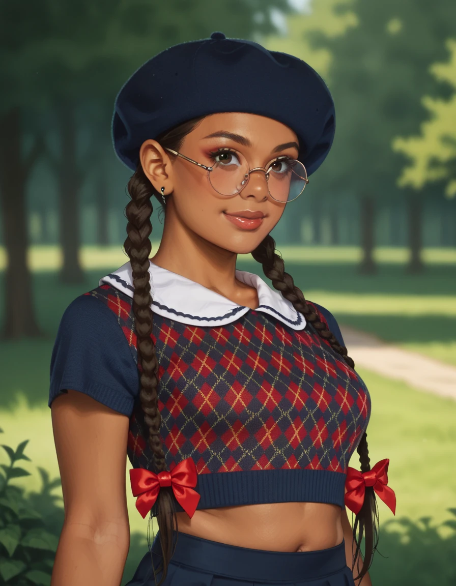 score_9, score_8_up, score_7_up, score_6_up, score_5_up, score_4_up, 1girl, solo, round eyewear, lipstick, makeup, twin braids, hud_n3rd, hat, crop top, midriff, skirt,upper body, <lora:nerd:0.8>, outdoors, plump, dark-skinned female, smile, cleavage, akanbe