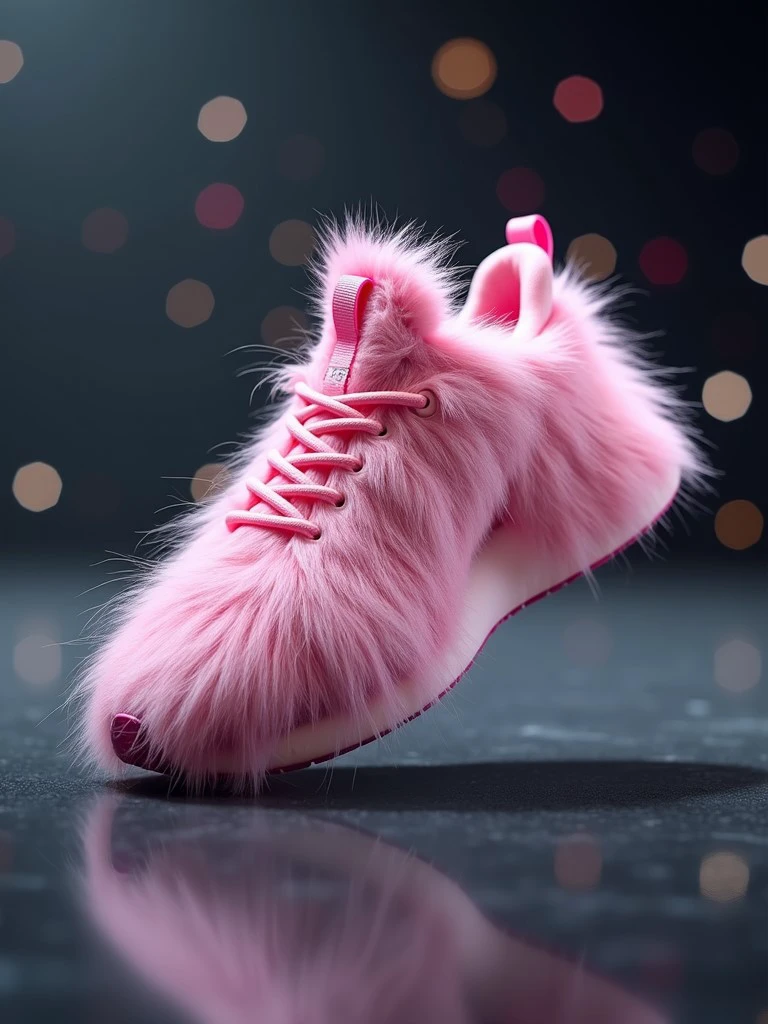 a real life advertisement shot for sport sneaker made of long pink fluffy fur, dark grey and futuristic background with bokeh and glimmer  <lora:fur_detailer_v1:1.0>