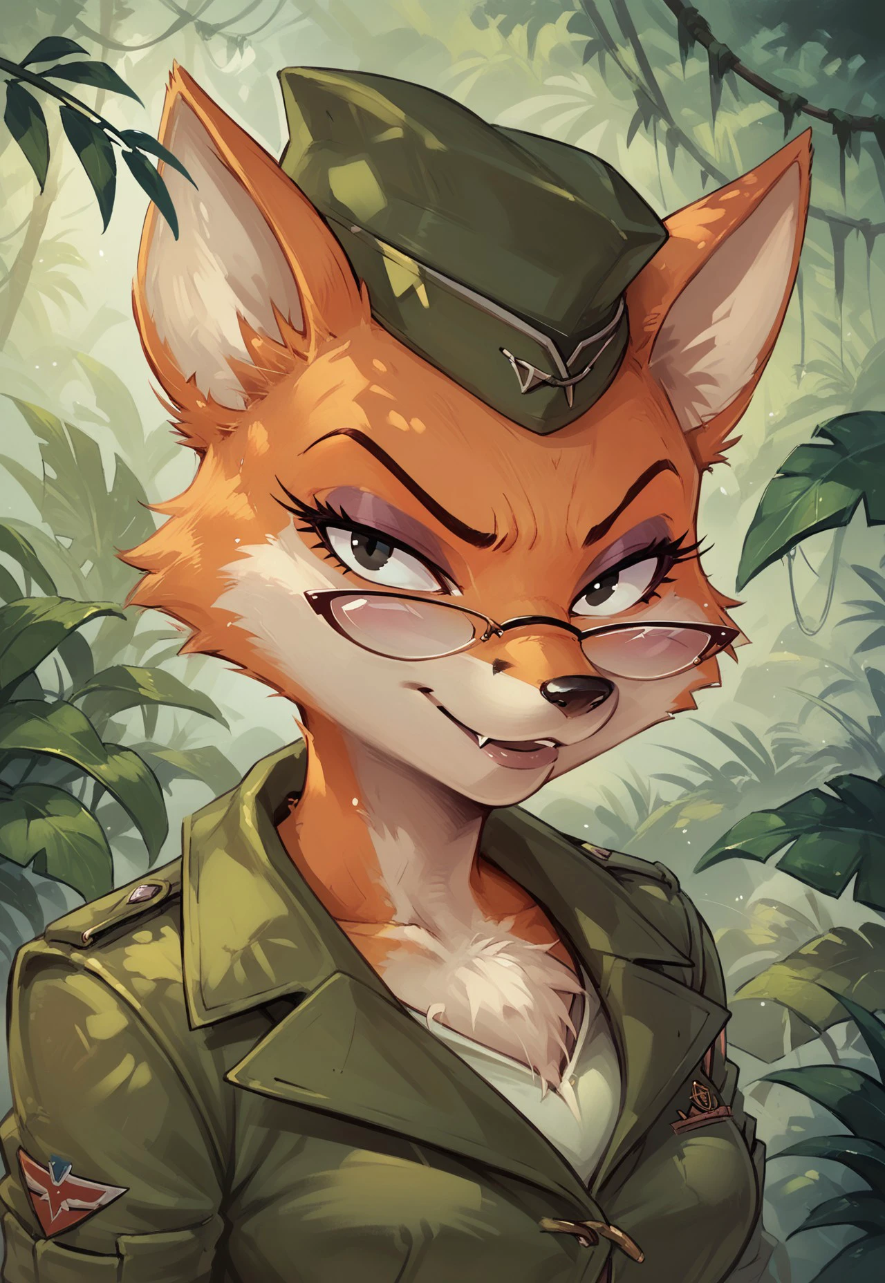 score_9,score_8_up,score_7_up, ultra quality, concept art, 1girl, Ltvixenxl, fox girl, animal ears, animal nose, black eyes, glasses, garrison cap, green jacket, upper body, looking at viewer, jungle background