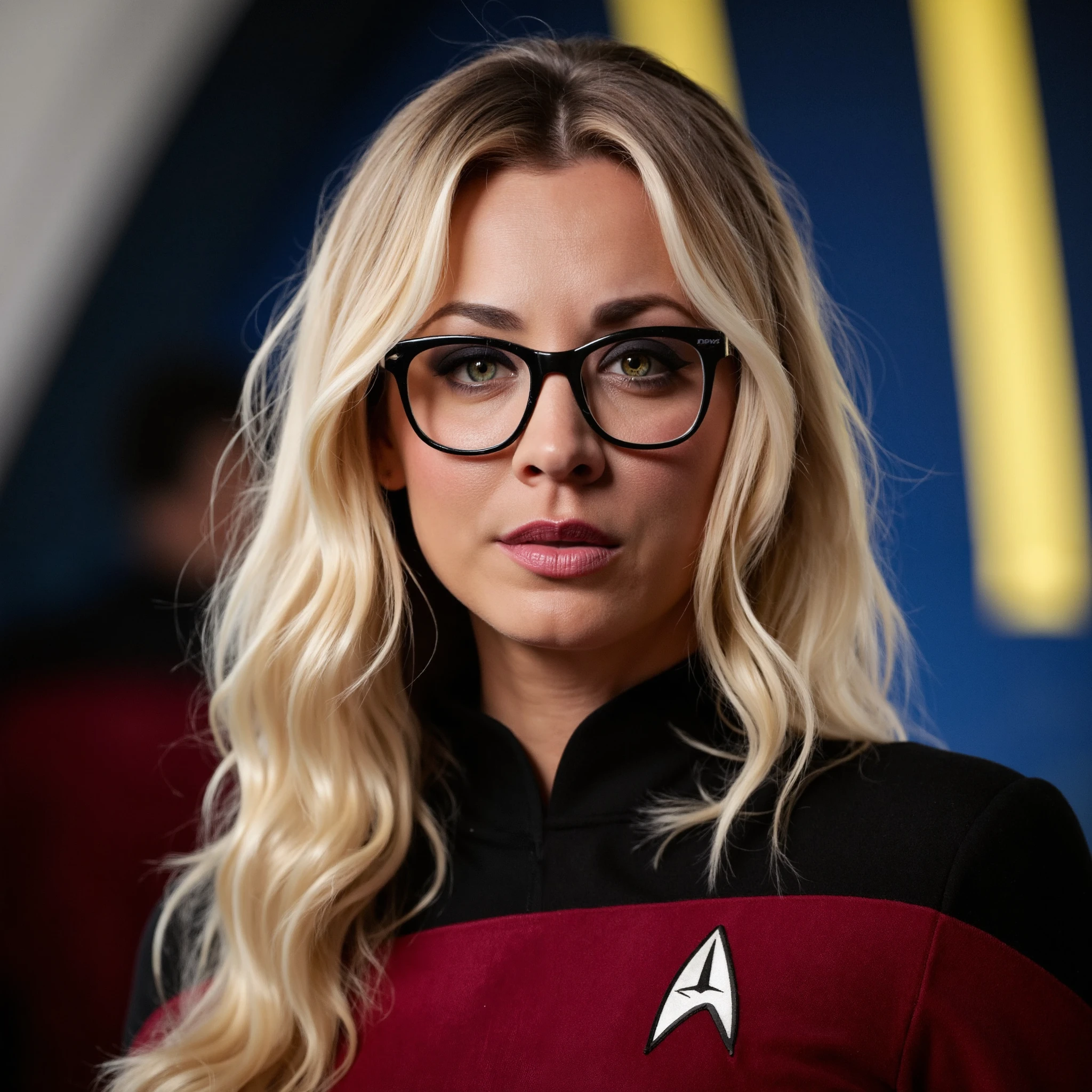 Create a portrait photograph of k4ycuoco dressed in a Star Trek the Next Generation uniform and wearing black framed glasses. The portrait should showcase her in a confident and powerful pose, with her shoulders relaxed and her facial expression strong and determined. Her blonde wavy hair falls gracefully down her back. The lighting should be bright and dynamic, with high-quality textures and details to create a realistic and polished image. <lora:flux_realism_lora:1><lora:KaleyCuocoFlux_V1>