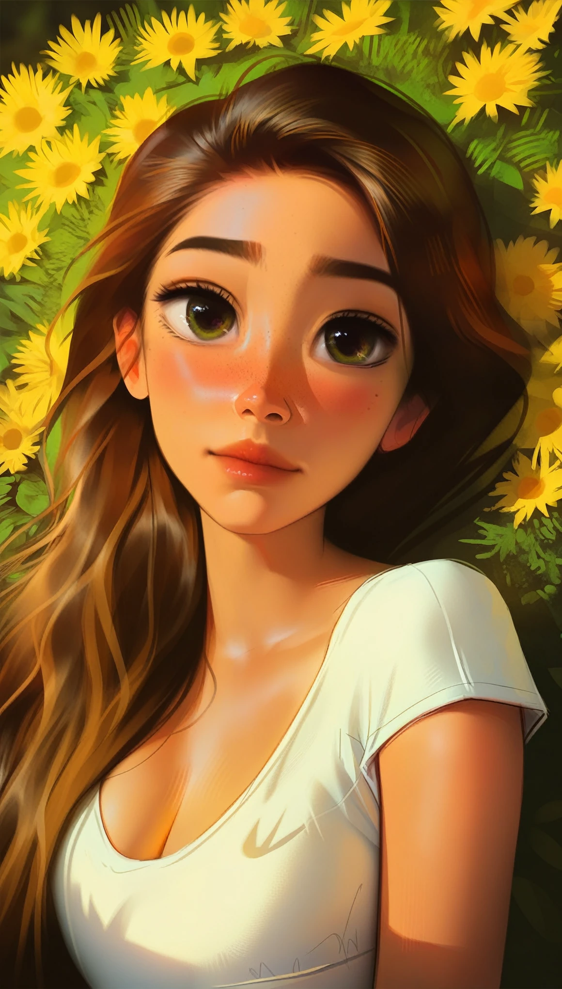 score_9, score_8_up, score_7_up, score_6_up, Photorealistic, real photo, flowers background, god rays, 1girl, 25yo,realistic, Rapunzel, cute perfect face, round face, brown hair, long silky smooth hair glistening, natural colours, hazel eyes, freckles, blush, big round eyes, tan skin, sports nike bra, side portrait, big breasts, perfect breasts, showing her boobs, tshirt pulled over, flirting to viewers, blushing, fall in love to the viewers, 2k revolution
