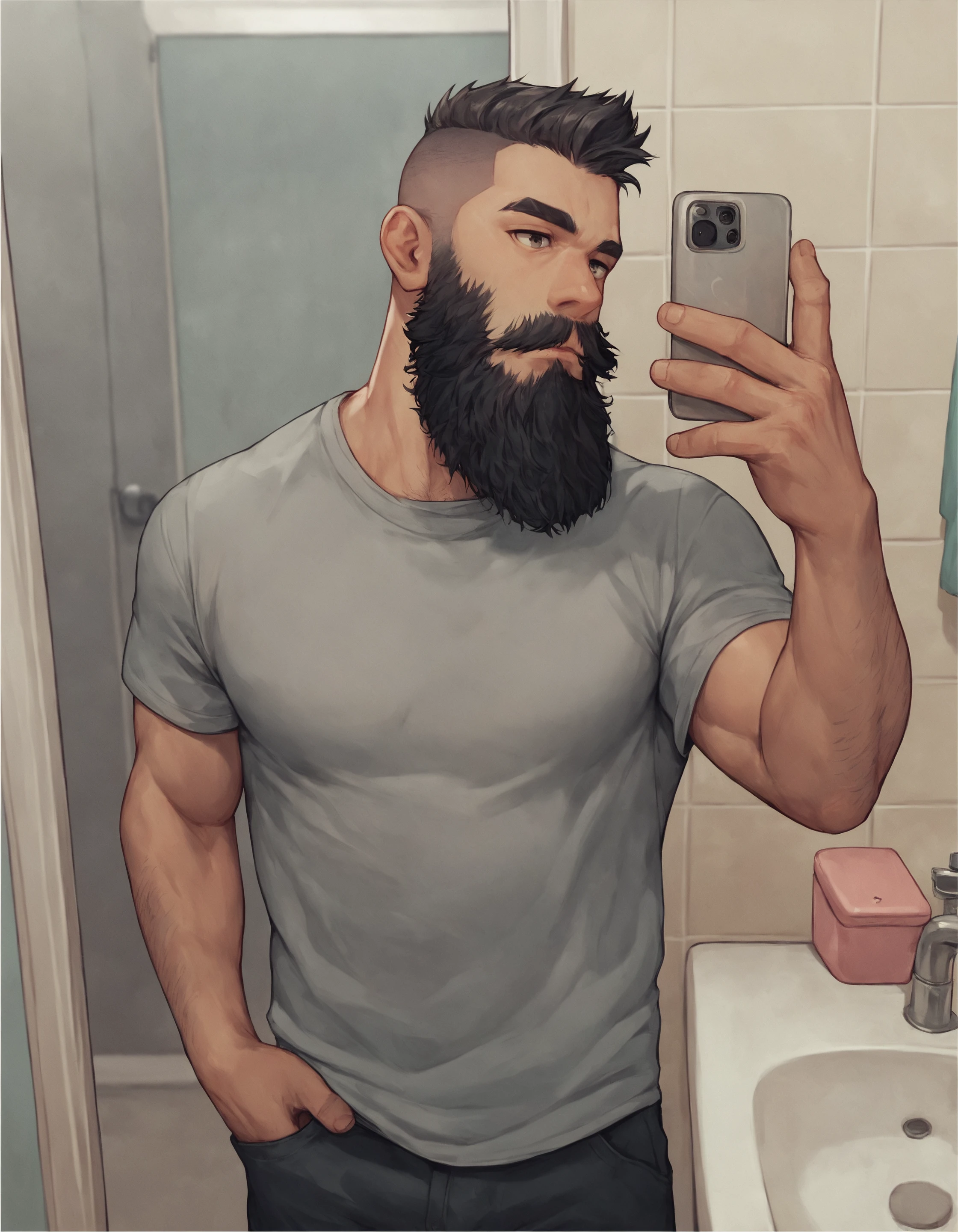 score_9, score_8_up, score_7_up, 1boy, muscular, beard, facial hair, undercut, grey shirt, long beard, hairy, closed mouth, lips,
standing, selfie, phone,
indoors, bathroom, detailed environment