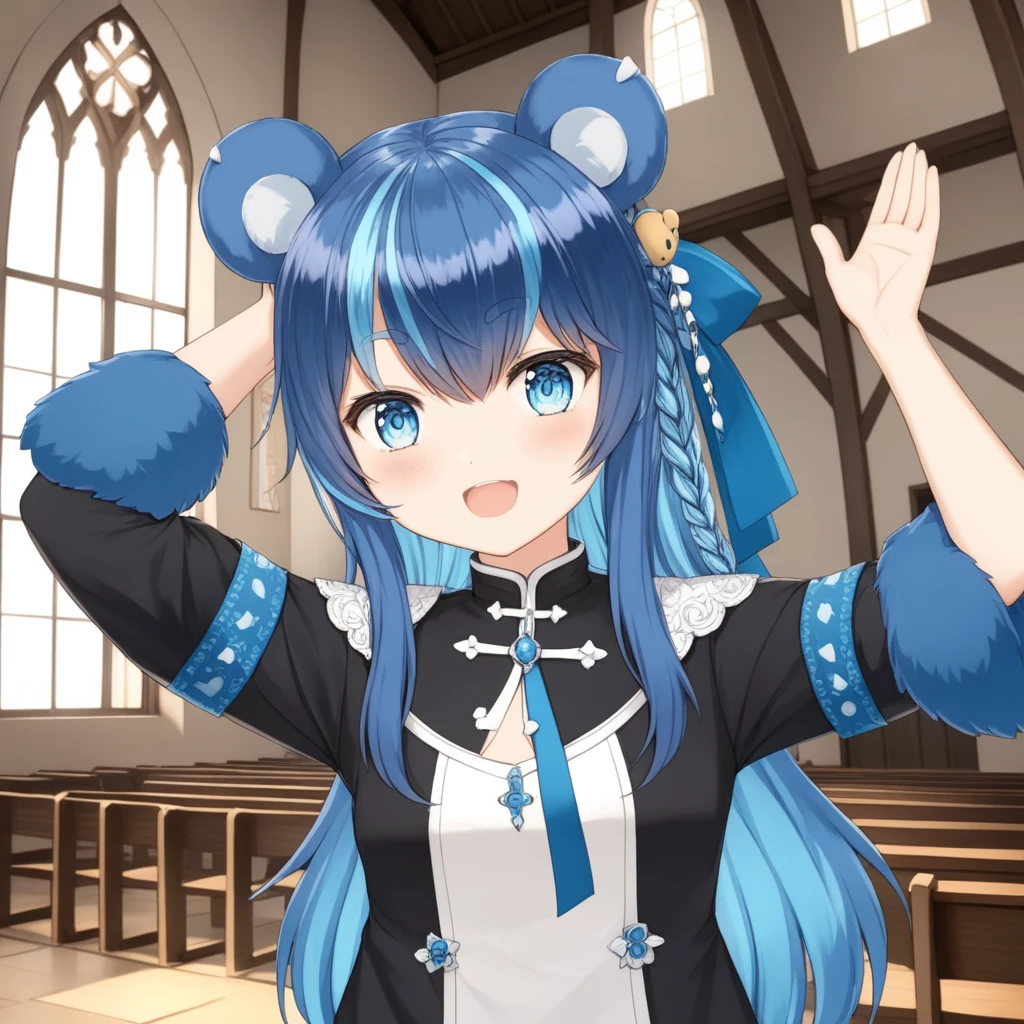 uruka, alternative outfit, bear ears, blue hair, blue eyes, fluff,
indoors, chapel, hands in the air, 
 <lora:URUKA-XL-t4-000004:0.6>