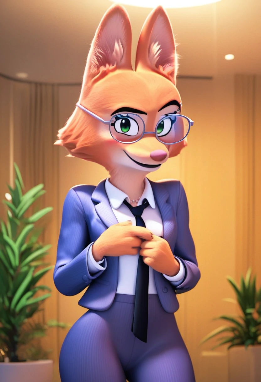 zPDXL, score_9,score_8_up,score_7_up,_up,source_cartoon, best quality, amazing quality, masterpiece, 1girl, looking at viewer, solo, fullbody, cute, blush, smile,  diane foxington,  green eyes,  orange fur,  fox girl,  jewelry, indoors, room, plant, formal,  white shirt,  glasses,  suit,  jacket, long sleeves, black necktie, pants