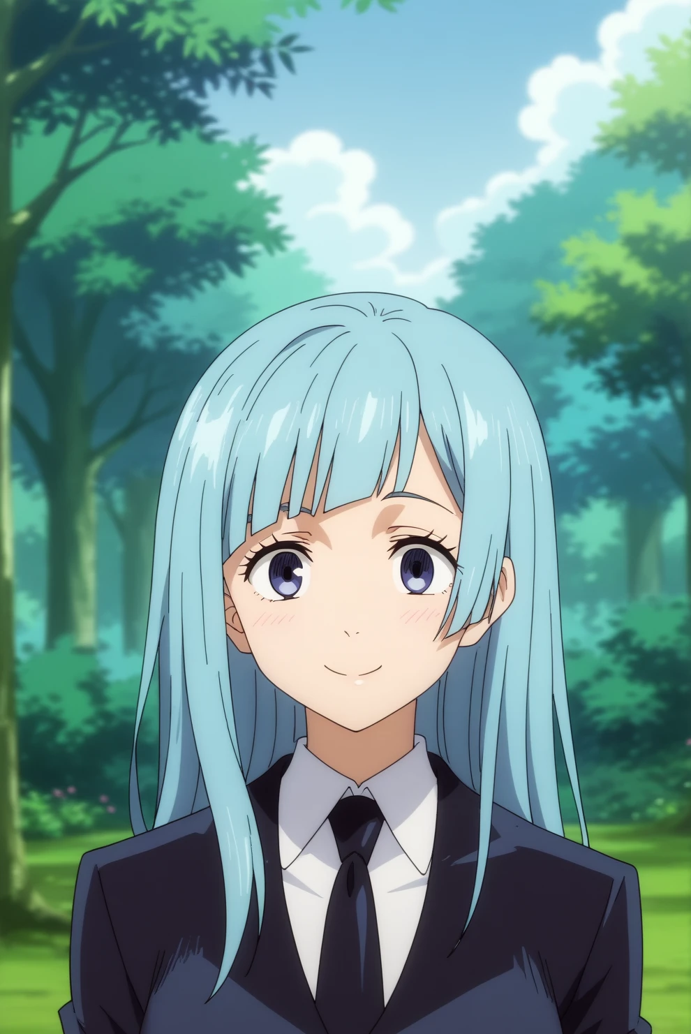 kasumi miwa,anime screencap,1girl,solo,mature,black necktie,blue hair,long hair,formal,suit,smile,outdoors,forest,tree <lora:Kasumi Miwa - PDXL2.safetensors:0.8>