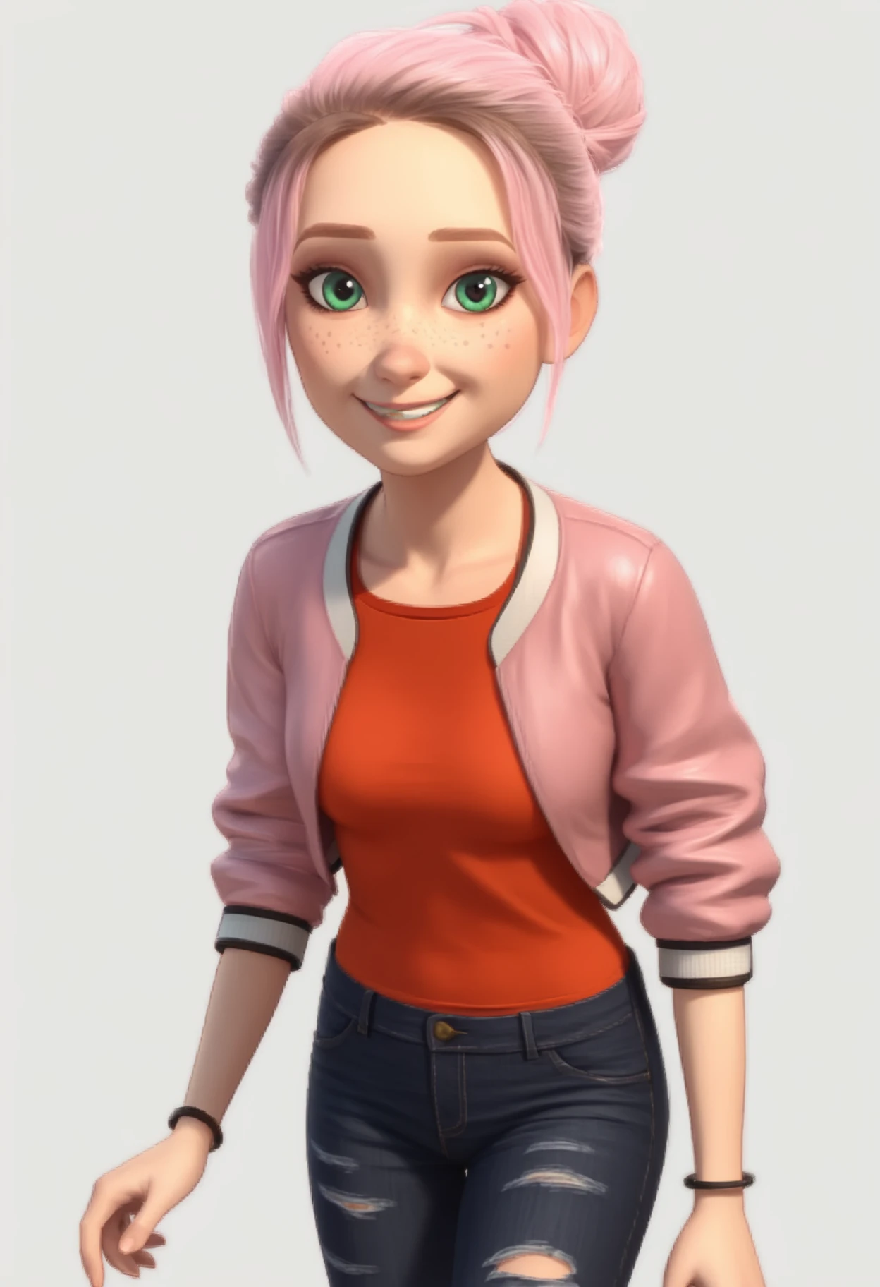 1girl, solo, Br00klynn, green eyes, freckles, pink hair, short hair, single hair bun, bracelet, pink jacket, red tank top, black pants, denim, torn pants, sneakers, white footwear, <lora:Brooklynn - Camp Cretaceous-000010:1>,  looking at viewer, smile, score_9, score_8_up, score_7_up, cowboy shot, standing, white background, simple background,