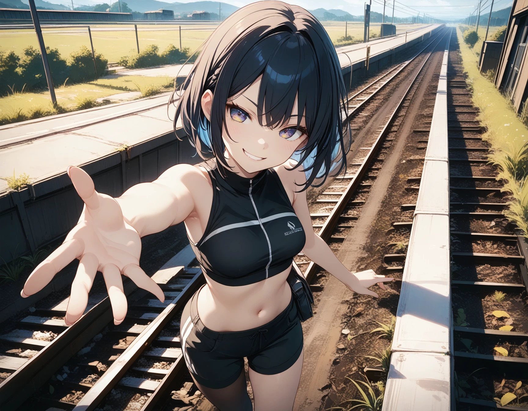 masterpiece, best_quality, 
BREAK
1girl,
smirk,
crop_top,
reaching,
railroad,
from_above,