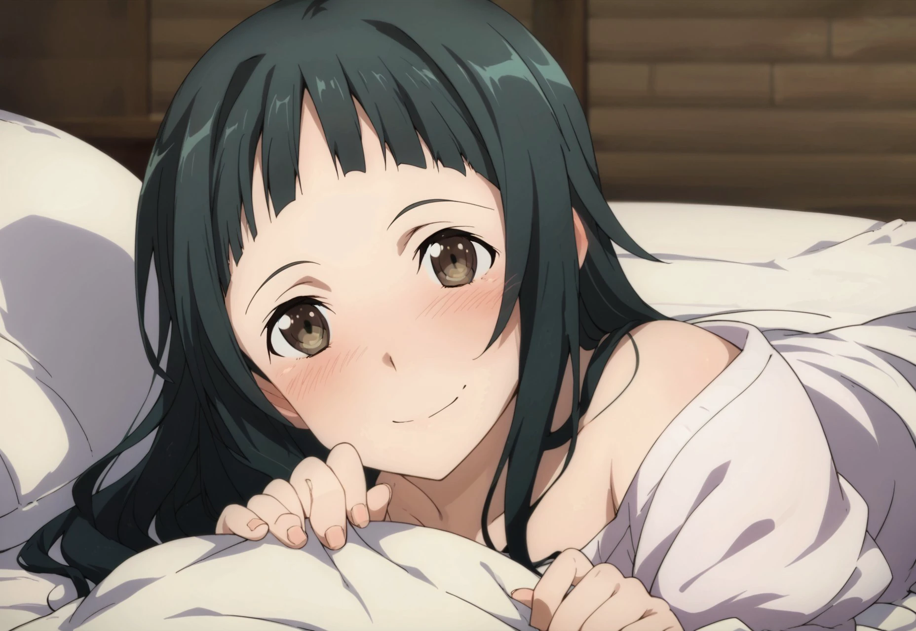  score_9, score_8_up, score_7_up, source_anime, yui (sao), pov across bed, blush, smile