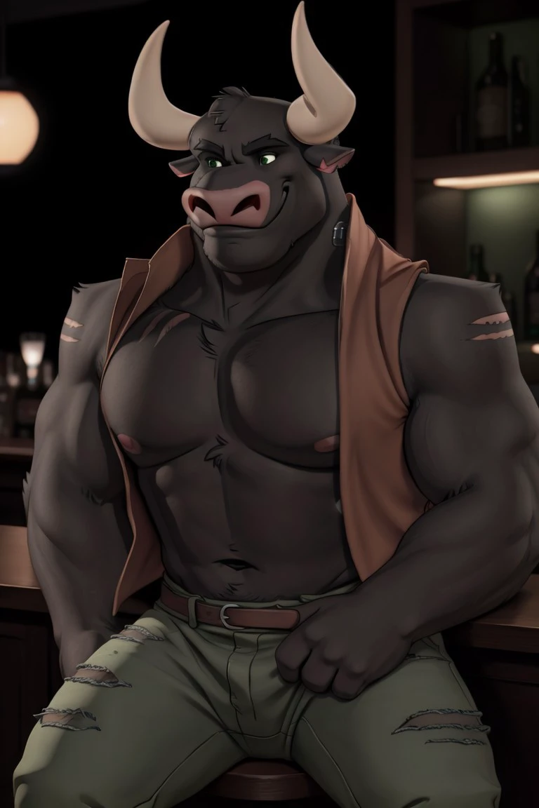 (guntherdwbull), solo, ((smiling)), blush, realistic, anthropomorphic, muscular, furry tail shown, (by personalami:0.5), zaush, (soft shading), 4k, hi res, 8k, detailed eyes, 8k eyes, eyes focus, white sclera, green eyes, detailed face, handsome, realistic, sitting at bar in club, green pants, brown vest, full view, fully body shown