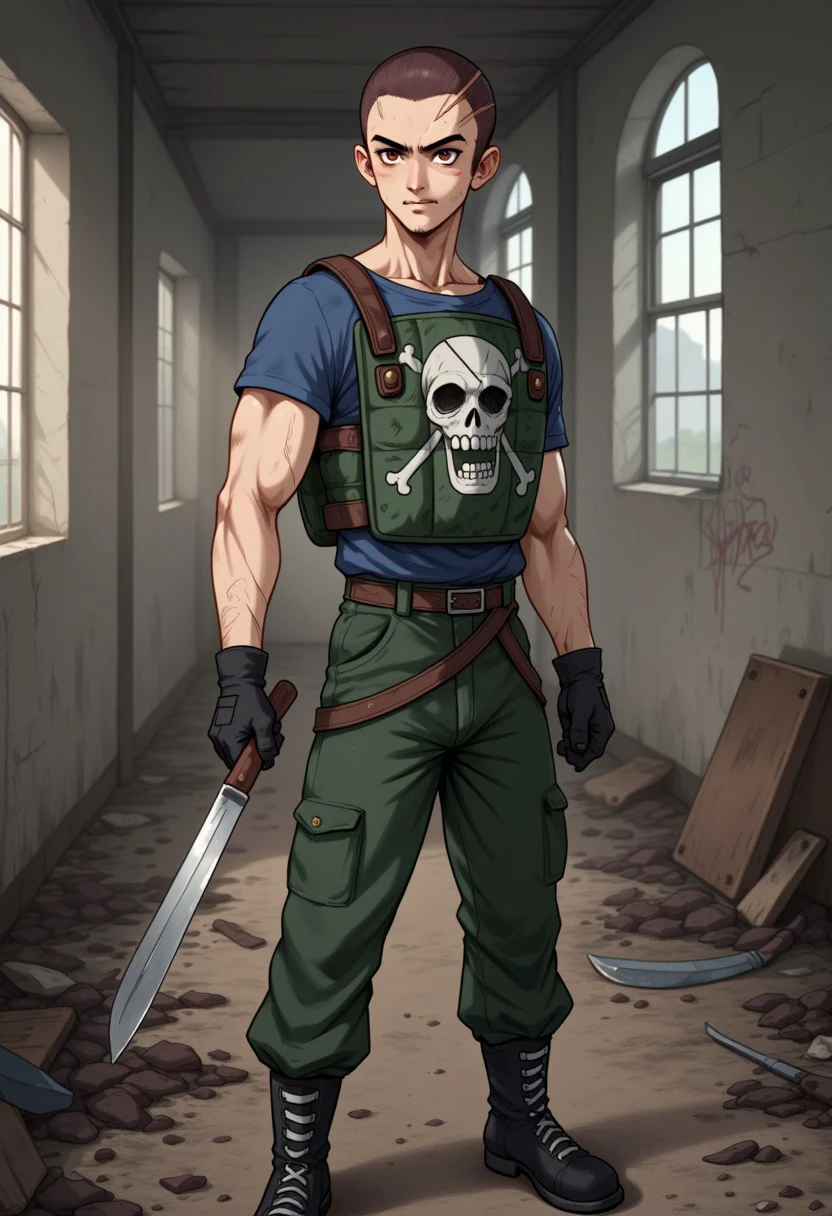 (Xmarkx:1.0),close Portrait , Young man, with shaved head and two scars on his head, eyebrows together, with a knife in his hand and a green  bulletproof vest with a skull in the middle, blue undershirt, green pants with a belt, and black boots, he is in an abandoned room full of dust and debris, with graffiti on the cracked walls and a couple of windows that give off soft light illuminating his crazy face and his diabolical smile.