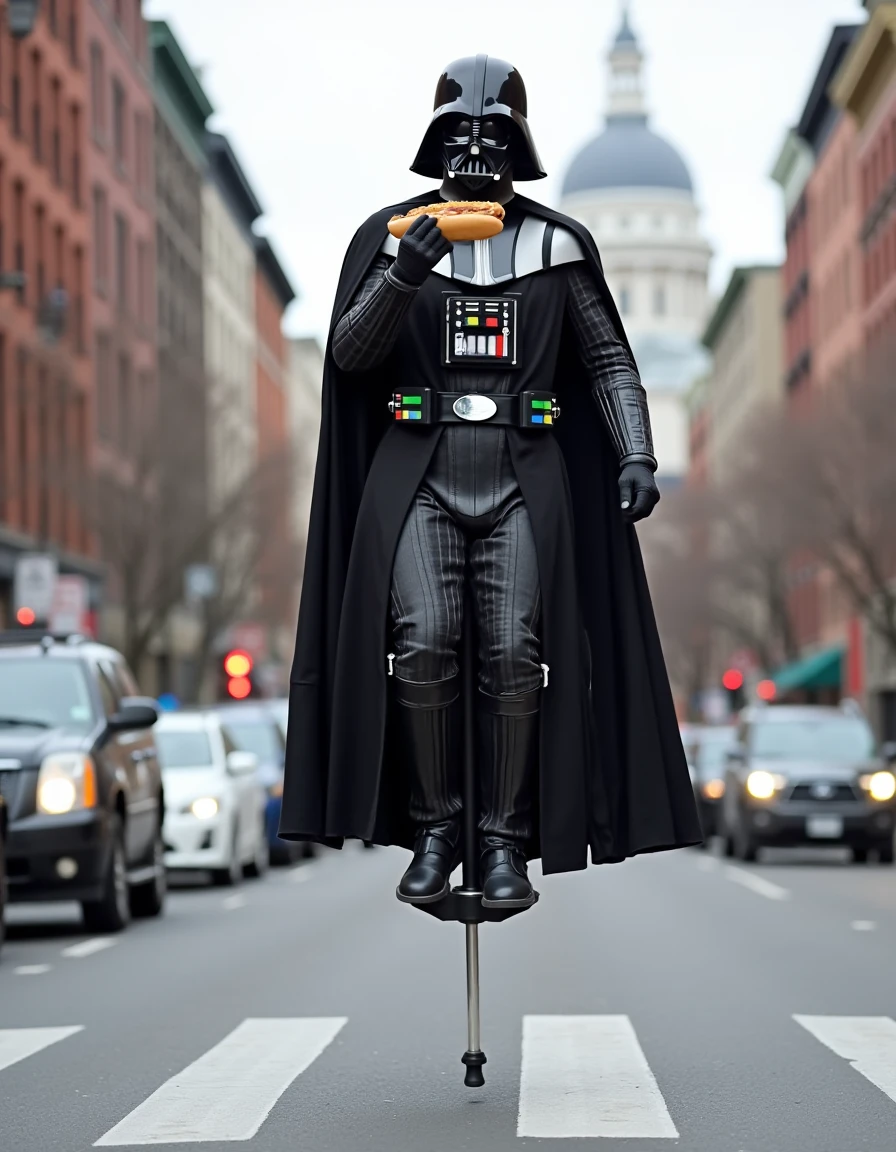 <lora:Jumping_on_a_pogo_stick_Flux:1> Darth Vader jumping on a pogo stick down a busy street, eating a hotdog.