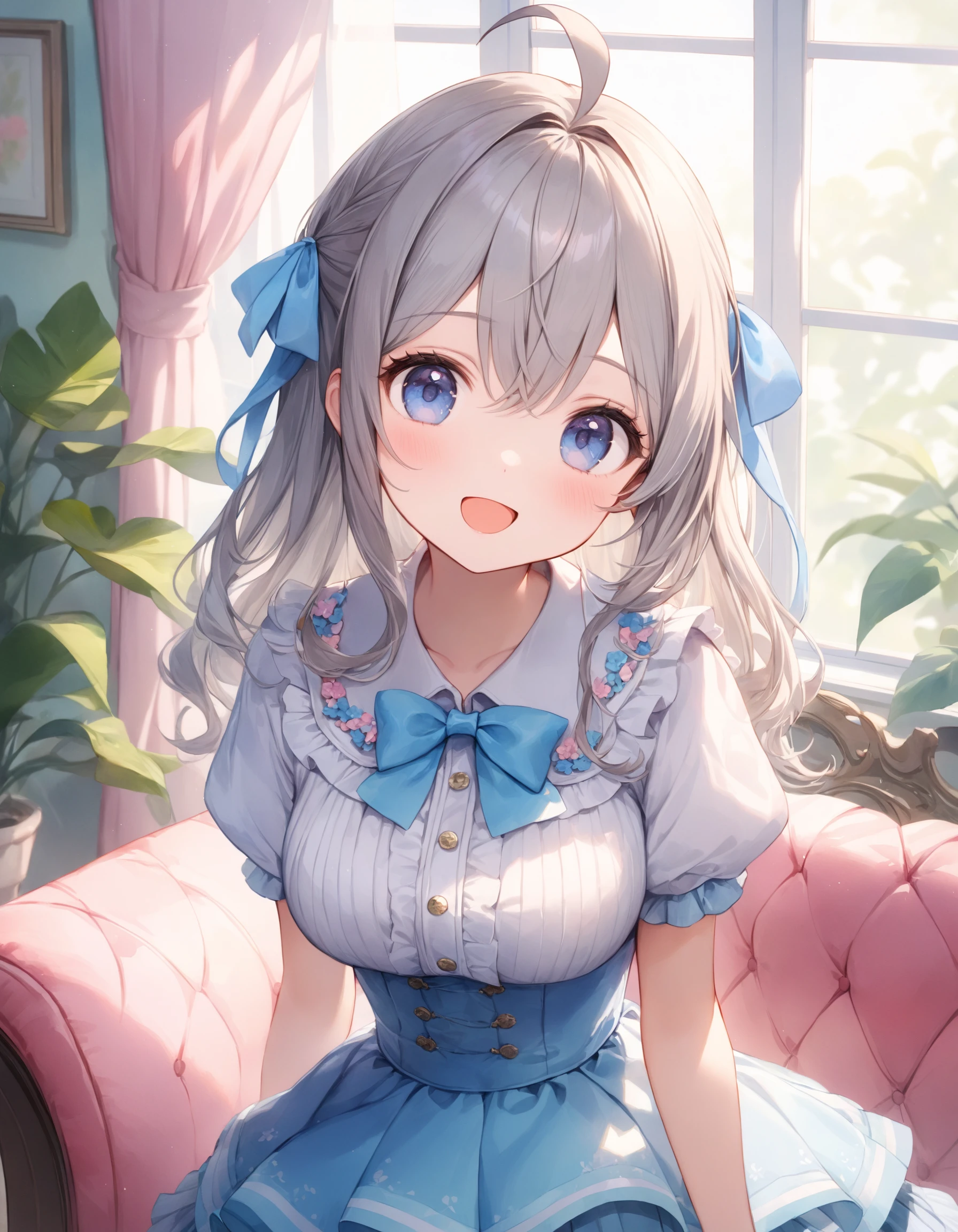 (Portrait:1.1). Upper body shot. (Shooting from front:1.1). A cute girl. Solo. Happy expression. Open mouth. Head tilt. Looking at viewer. (Round face:1.1). Detailed dark-blue eyes. Tareme. Long wavy hair. Hair ribbon. (Gray hair). (Gray inner hair). Ahoge. Hair between eyes. Detailed slender body. Medium breasts. Ruffled white blouse. Bowtie. Short sleeves. Puffy sleeves, (Layerd skirt:1.4). Pale saxe-blue skirt. Fashionable cute living room. Decorative plants. Pastel pink sofa. Pastel cute curtains. Pastel cute wallpaper. Daytime. (Natural lighting:1.4). Cute style. Watercolor. Intricate details. Extremely detailed. Outstanding intricacies. (Masterpiece:1.2). (Best quality:1.2). (Absurdres absolutely resolution:1.4).