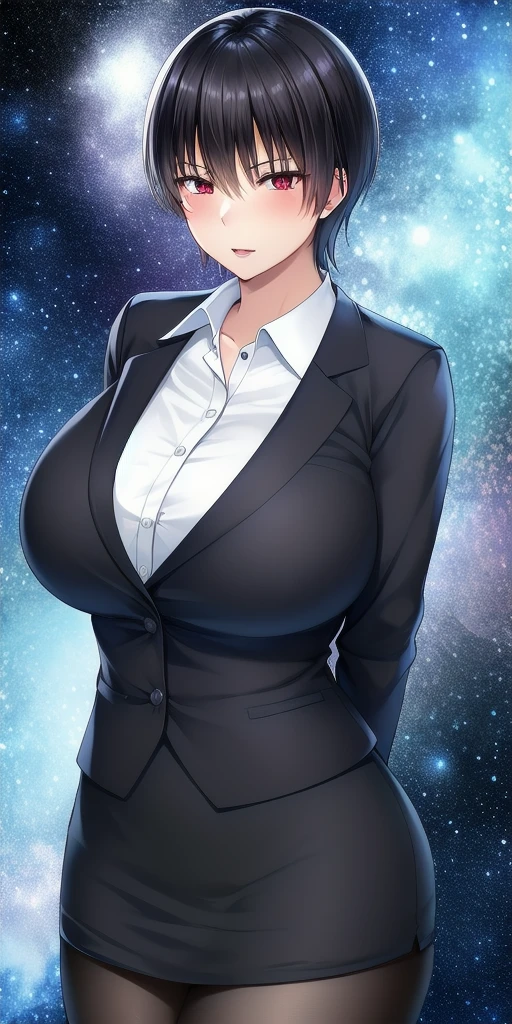 <lora:KaoruMizutaniV2:0.7> kaoru_mizutani, huge_breasts, standing, solo, arms_behind_back, starry_sky, pencil_skirt, dress_shirt, black_skirt, white_shirt,office_lady, masterpiece, best_quality, detailed_face, detailed_eyes, highres, beautiful, detailed, absurdres,