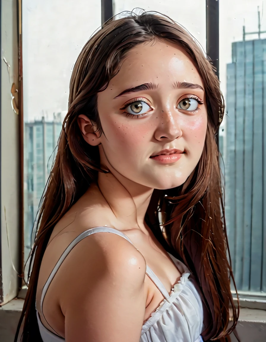 professional photo indi actress woman, 30 years old, Portrait Photography, a stunningly beautiful pale skinned 80s actress, embarrassed but happy, teenage, fame school actress, famecore, New York indoor building background, the factory