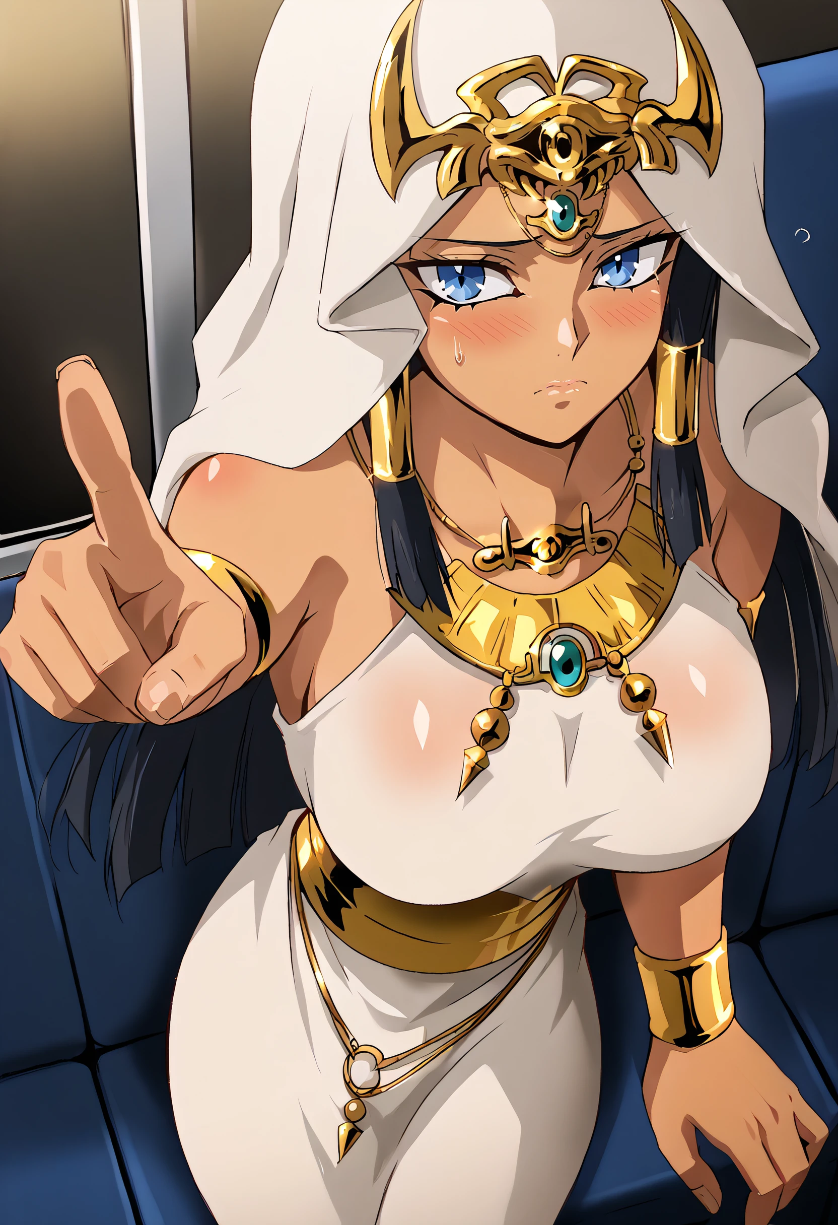 harayu, score_9, score_7_up, source_anime BREAK 1girl, looking ahead, from above,
<lora:Ishizuishtar_Dwnsty:1>, ishishtar, dark-skinned female, eye of horus, jewerly, black hair, forehead jewel, veil, long hair, hair tubes, blue eyes, white dress, armlet, bracelet, necklace, egyptian clothes, 
large breasts, skindentation,lips, blush, closed mouth, balancing, sleepy, pointing at viewer, Pointing pose, Petite body,
bus interior, heat distortion, ultraviolet light, wardrobe,