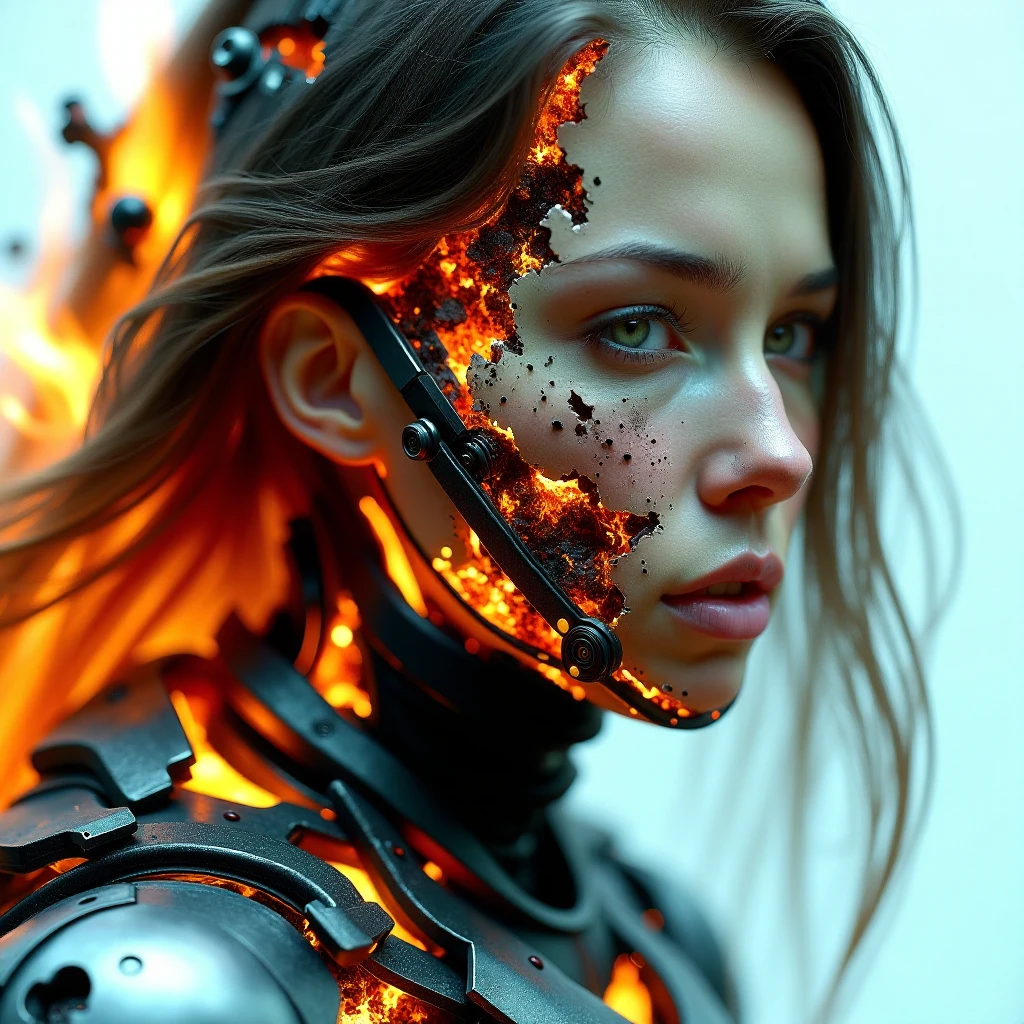 close up portrait of a female in exosuit body armor disintegrating, long hair, blemeshes, futuristic, hyperrealism, disintegration+, burning