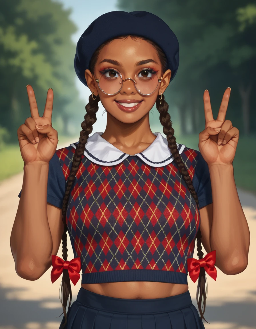 score_9, score_8_up, score_7_up, score_6_up, score_5_up, score_4_up, 1girl, solo, round eyewear, lipstick, makeup, twin braids, crop top, midriff, skirt,upper body, <lora:nerd:0.8>, outdoors, plump, dark-skinned female, smile, cleavage, victory pose