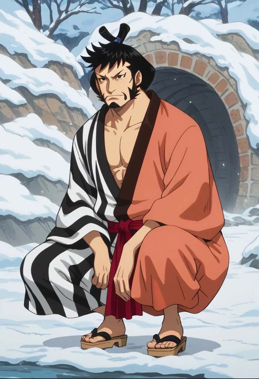 score_9, score_8_up, score_7_up, source_anime, rating_safe, KinemonOP, black_Kinemon_hair, black_Kinemon_facial hair, black_Kinemon_eyes, 1boy, male focus, anime screencap, red_Kinemon_kimono, zebra striped print, brown_Kinemon_sandals, red cloth belt, sheath, squatting,