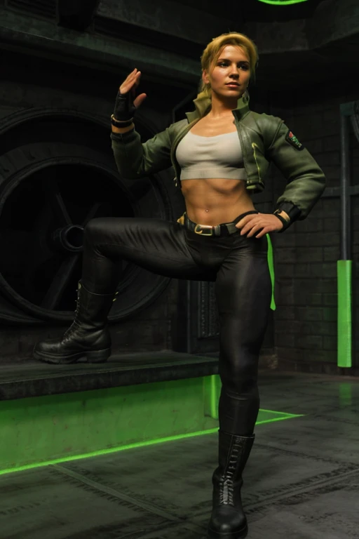 3d, sonya blade, sonyablademka, 1girl, solo, blonde hair, fingerless glovess, jacket, black tight leggings, thong, boots, navel, midriff, standing,  <lora:SONYABLADEMKA-10:0.6>, <lora:add_detail:0.5>