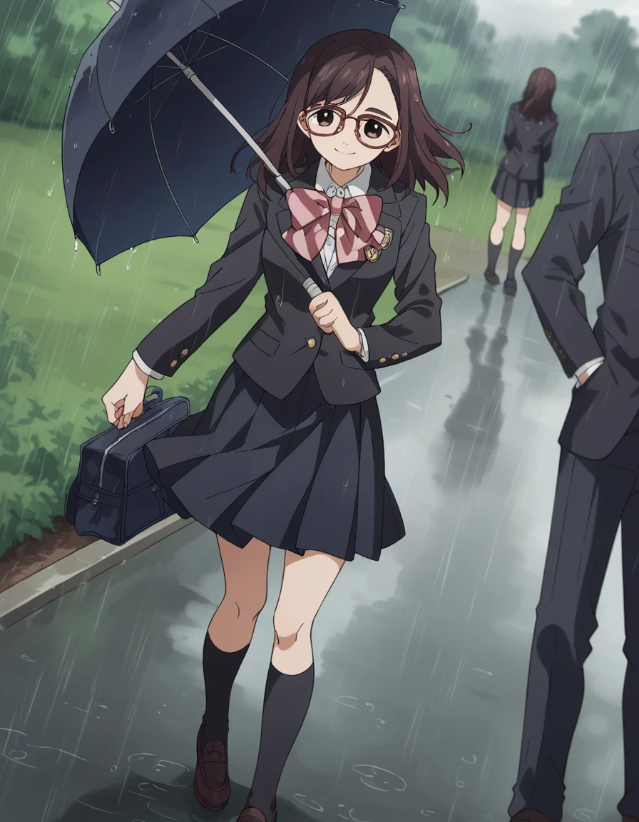 score_9, score_8_up, score_7_up, source_anime, <lora:tomono-kojou-s1-ponyxl-lora-nochekaiser:1>, tomono kojou, brown hair, brown eyes, glasses, medium hair, red-framed eyewear,, skirt, long sleeves, school uniform, jacket, socks, black skirt, , black jacket, kneehighs, blazer, black socks, bow, bowtie, stripped, stripped bowtie,, rainy day, umbrella, walking home, puddles, wet hair, smile, , hand on waist, elbow down, foot on tiptoe, solo,, cowboy shot, dutch angle