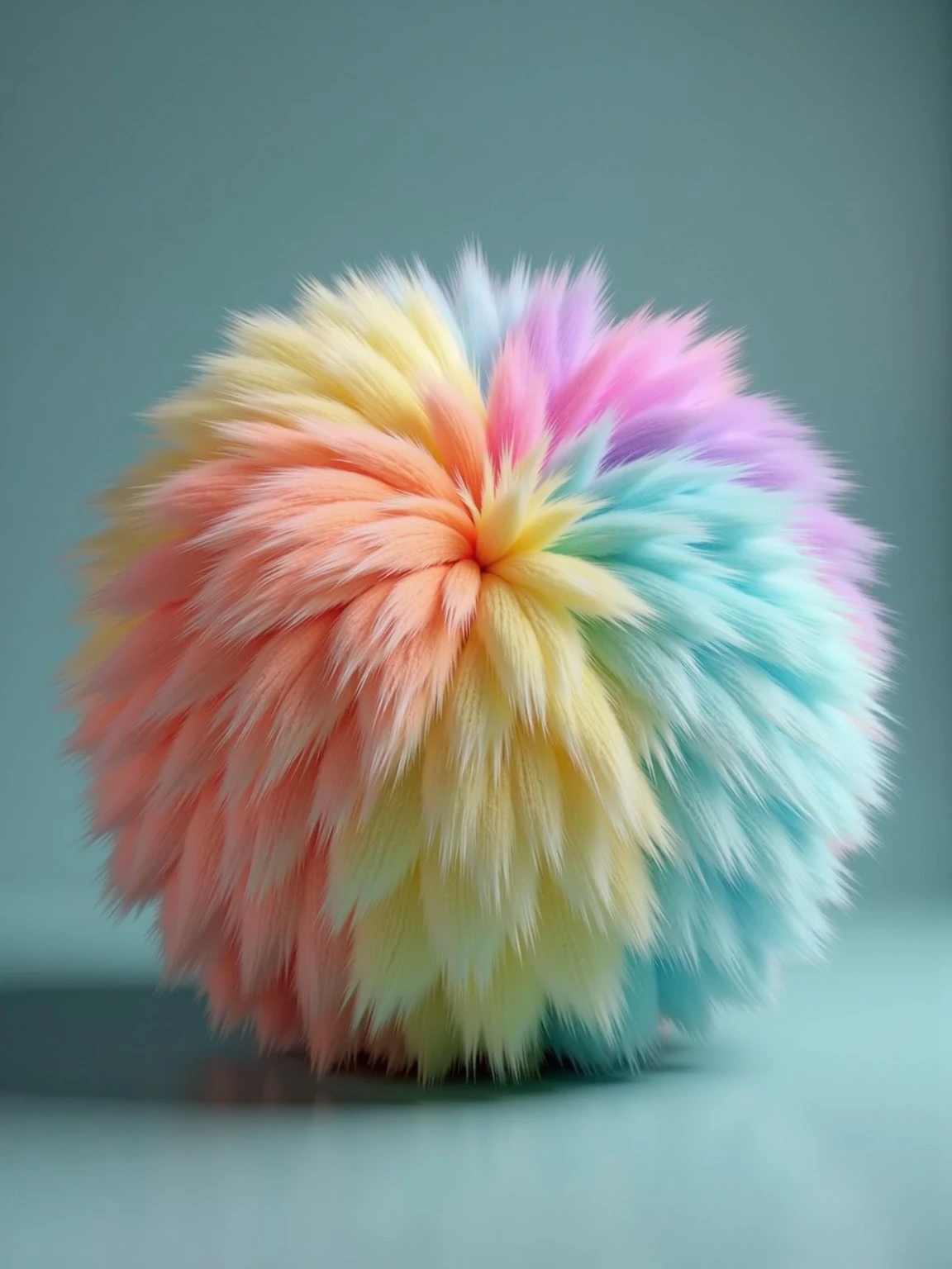 Photorealistic image of a soft, plush and rainbow-colored ball made of fluffy fur. The background is a muted, dark cyan, contrasting the light color of the ball. <lora:fur_detailer_v1:1.2>