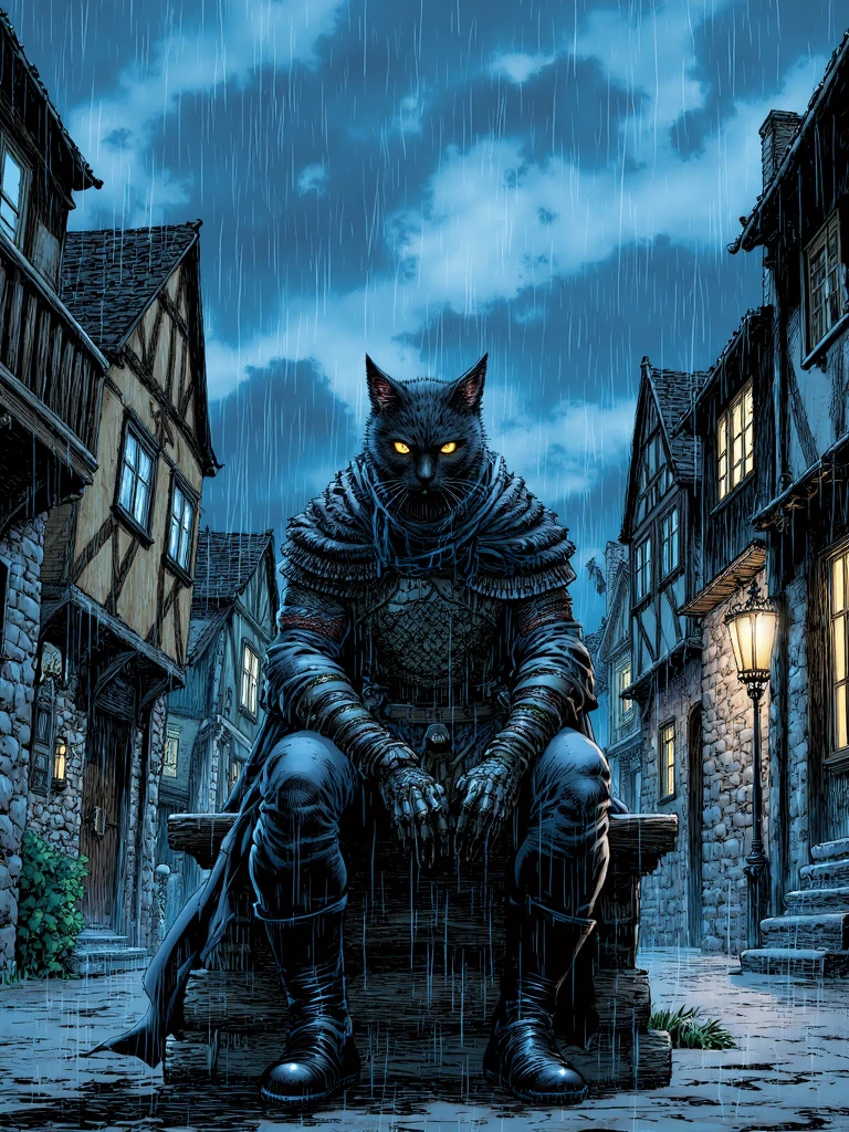 jimlee style, comicbook illustration, humanoid tabaxi cat rogue sitting on wooden bench in meedieval town, he is wearing leahter armor with laces belts and rough cloak, rainy night with dark storm clouds on sky,  <lora:sxz-Jim-Lee-Flux:1>