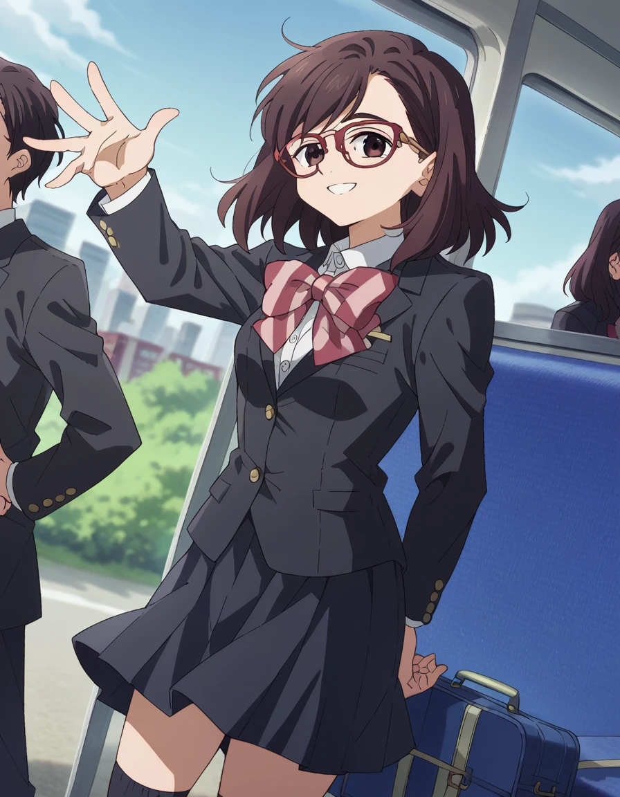 score_9, score_8_up, score_7_up, source_anime, <lora:tomono-kojou-s1-ponyxl-lora-nochekaiser:1>, tomono kojou, brown hair, brown eyes, glasses, medium hair, red-framed eyewear,, skirt, long sleeves, school uniform, jacket, socks, black skirt, , black jacket, kneehighs, blazer, black socks, bow, bowtie, stripped, stripped bowtie,, train station, waiting for train, suitcase, traveling, commute, city skyline, hands behind back,, smile, looking at viewer, arm outstretched, hand on hip, knee bent, solo,, cowboy shot, dutch angle