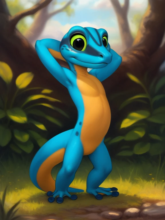 <lora:HodariGecYif:0.8> HodariGec, gecko,  blue body, green sclera, black eyes, green sclera, black eyes, yellow belly, chibi,
(solo focus), Looks at the viewer,  ((Hands on hips, standing,hand behind head,))
[ large window, (nature), forest, grass, day shining, clouds, flowers, blanket, blue pillows, candles, bed, pillows, ]
(beautiful, aesthetic, perfect, delicate, intricate, saturated colors), masterpiece, digital drawing, best quality,
[by kenket|by totesfleisch8], by thebigslick:by silverfox5213:0.8], [by syuro, by paloma-paloma::0.2, (Tricksta, TotesFleisch8)