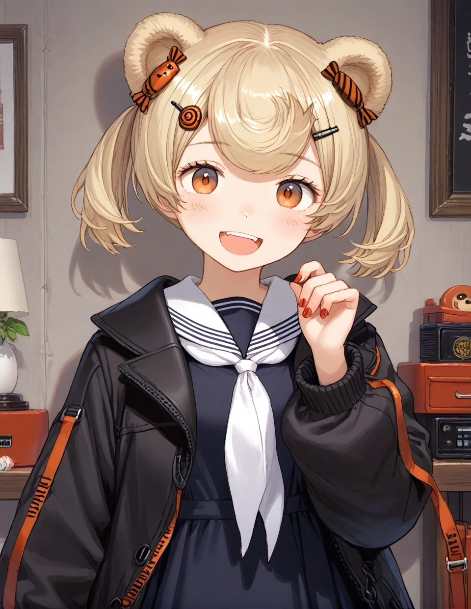 source_anime,score_9, score_8_up, score_7_up,1girl,solo ,solo focus 
<lora:gummy:0.9>gummy_(arknights),bear ears,blonde hair,orange eyes,short hair,twintails,candy hair ornament,hairclip,puffy long sleeves,skirt,nail polish,red nails,black jacket,open jacket,black sailor dress,black dress,white sailor collar,white neckerchief
<lora:Hyper-SDXL-8steps-lora:1>,room,smile,standing,(upper body),open mouth