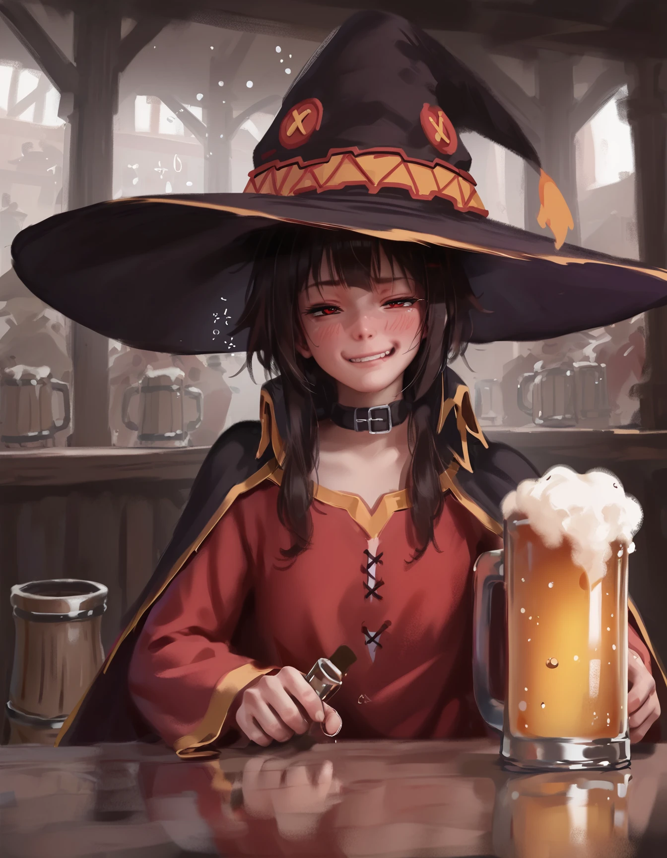 score_9, score_8_up, score_7_up,score_6_up,score_5_up,score_4_up,1girl, (megumin:0.75), in a tavern, drunk, smug, long sleeves, cape, witch hat, beer mug,red dress, 
<lora:wlopwangling_style_pony6_v2-000038:1>